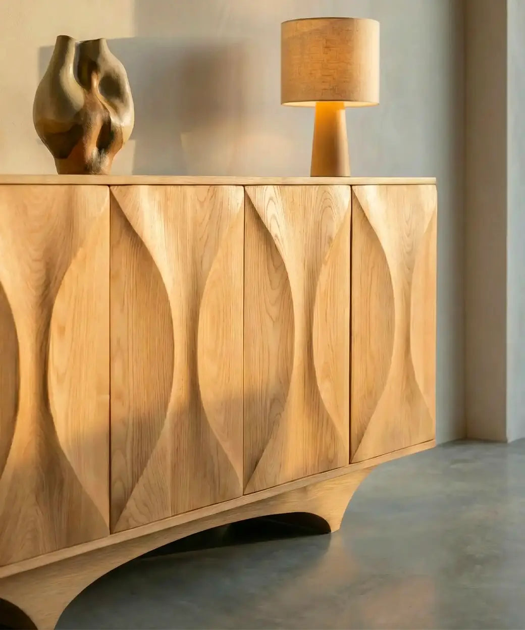Aday en madera natural con relieves cóncavos que aportan un diseño sofisticado y elegante con texturas orgánicas.