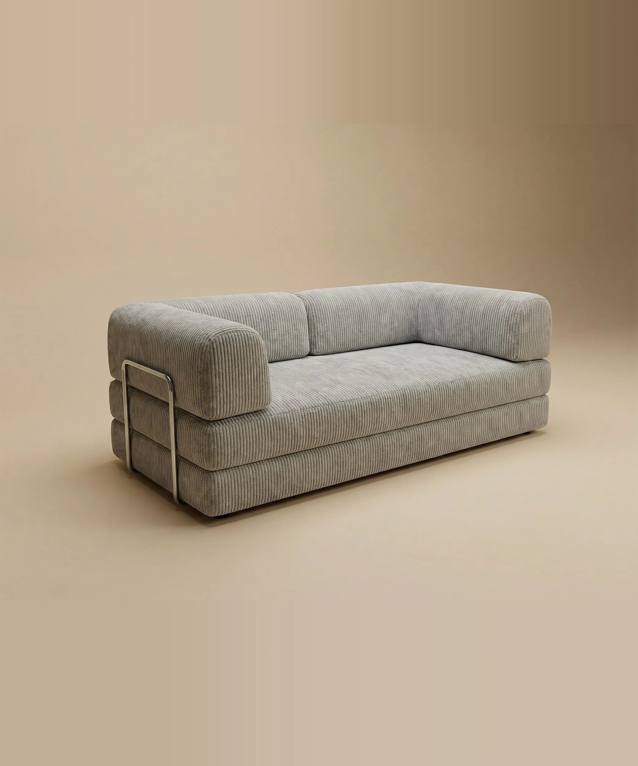 Sofá cama Taburiente en tono gris con diseño moderno sin estructura visible y acabado en tela acanalada suave