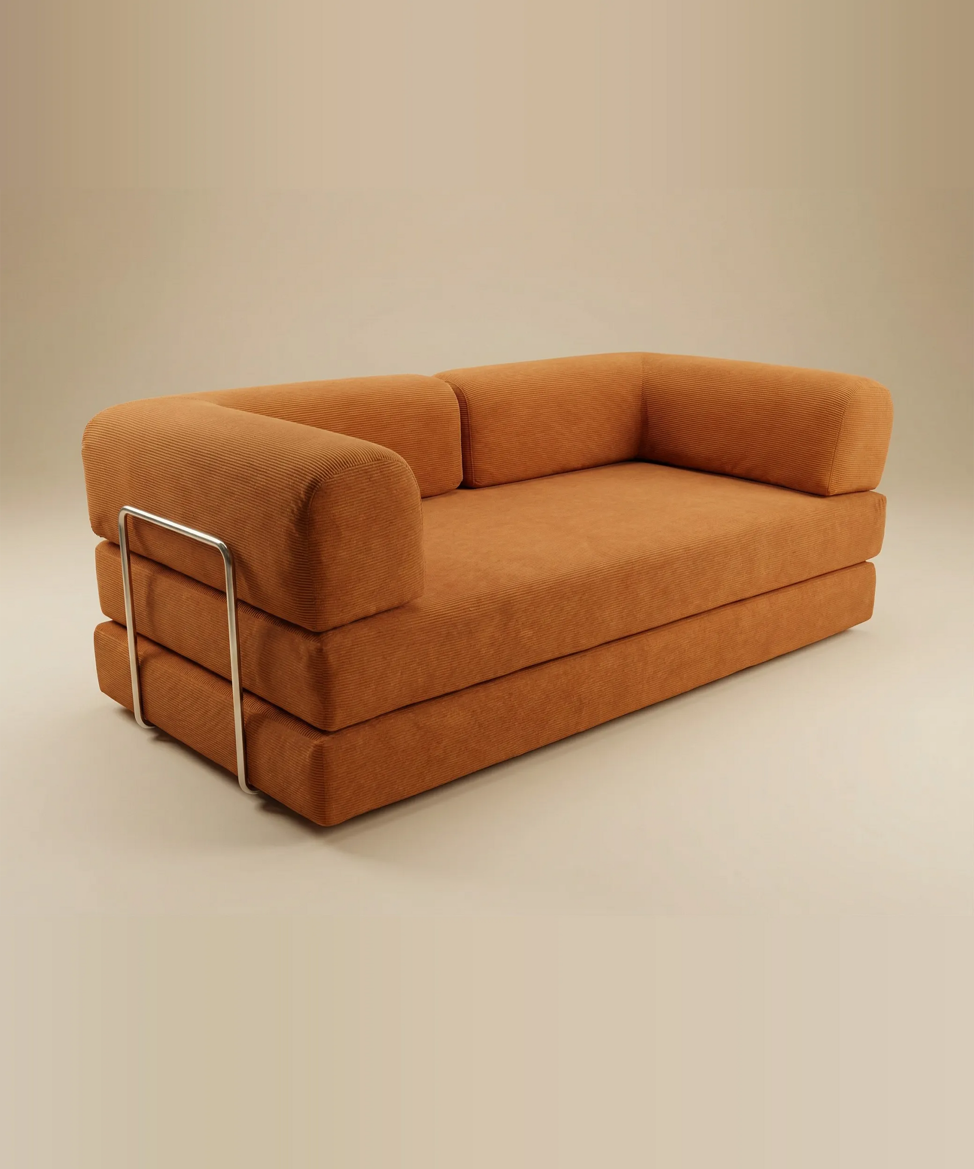 Sofá cama Taburiente en color terracota con diseño moderno y estructura de compresión para espacios versátiles y confortables