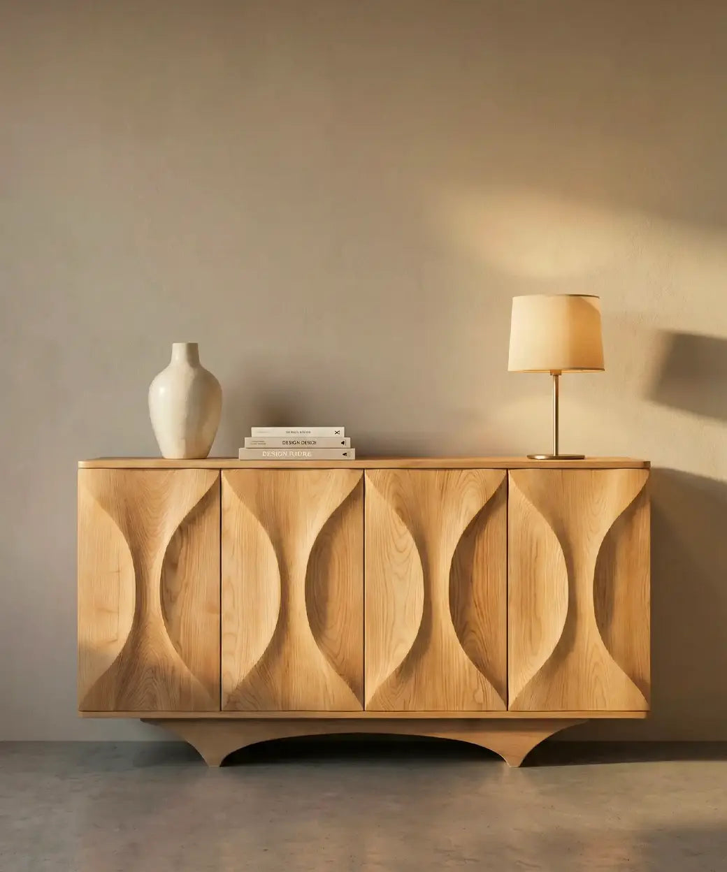 Aday en madera natural con relieves tallados que crean formas orgánicas y un diseño elegante y moderno.