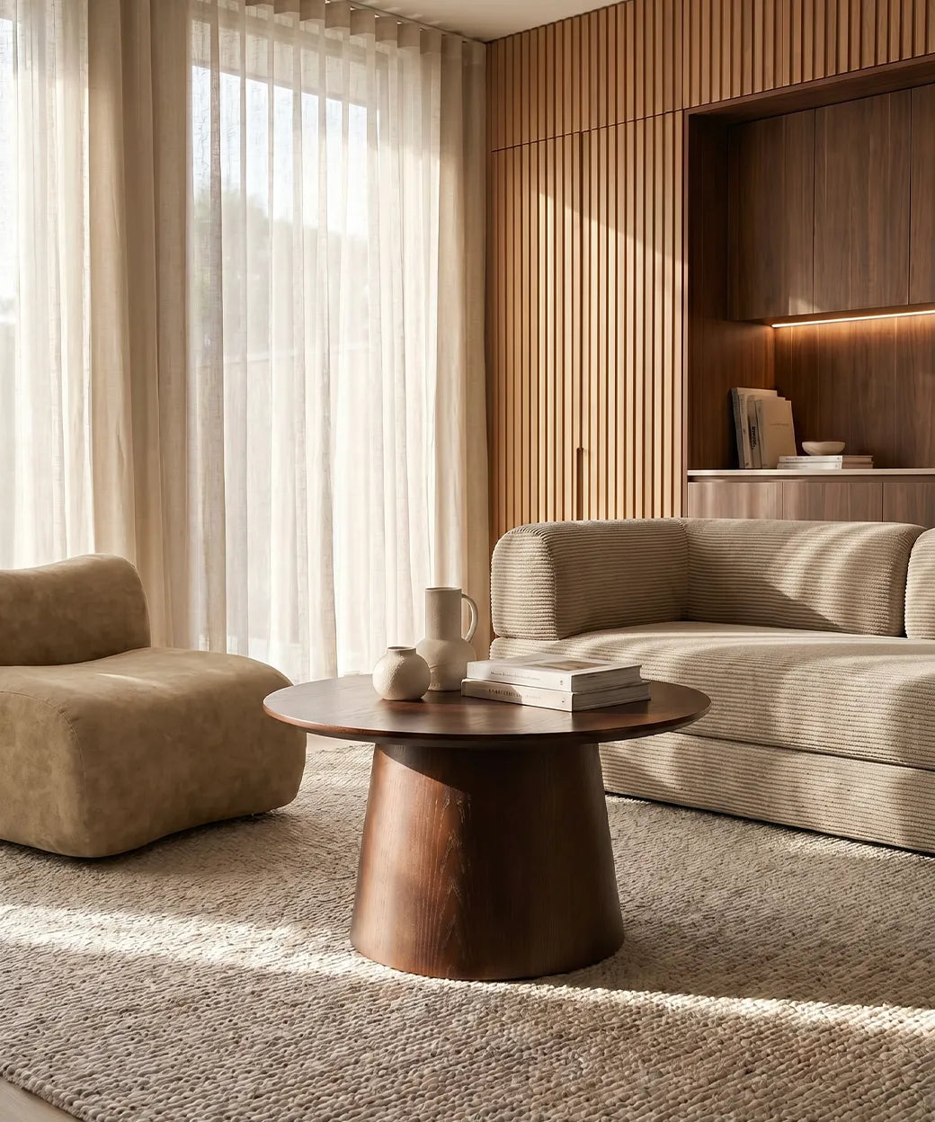 Arure sofá en tonos naturales con mesa de centro de madera nogal oscuro y luz natural en salón contemporáneo.