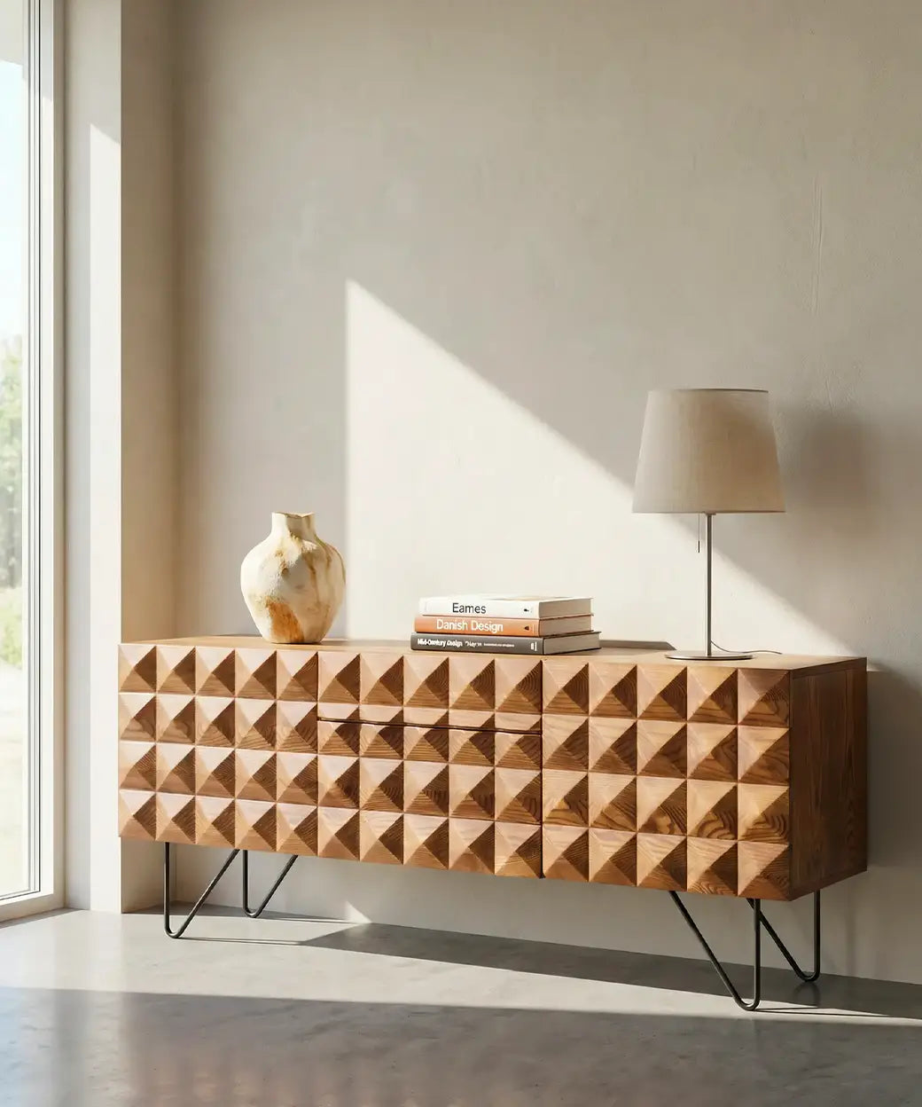Azulejos con superficie en relieve geométrico y acabado en madera natural que aporta diseño contemporáneo y texturizado elegante