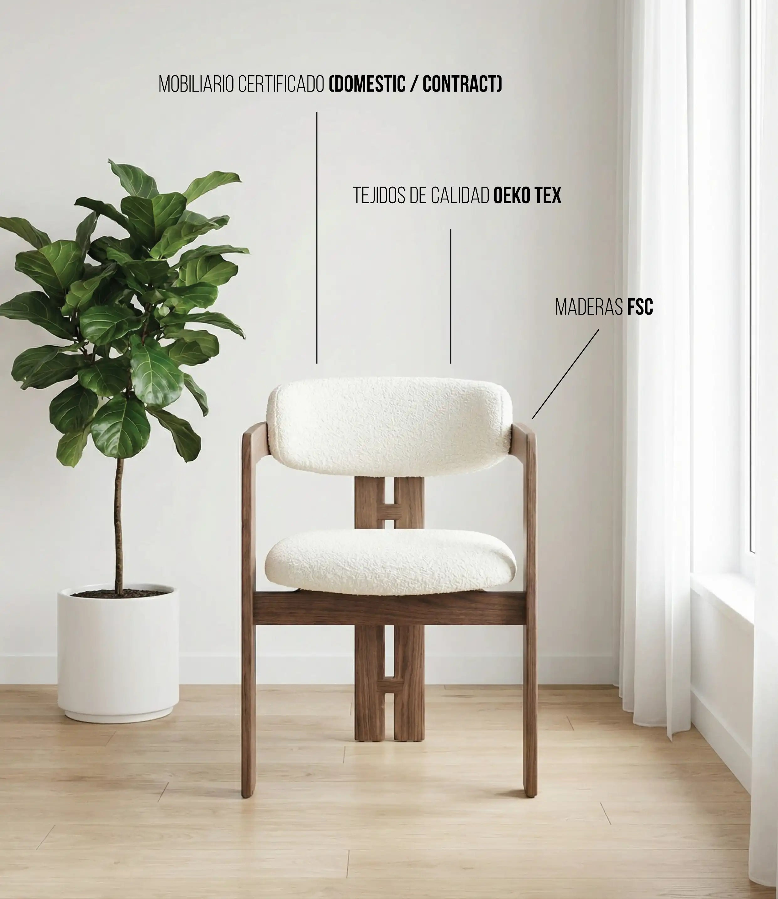 Silla de madera con tapizado blanco y planta en maceta blanca junto a ventana con cortinas translúcidas.