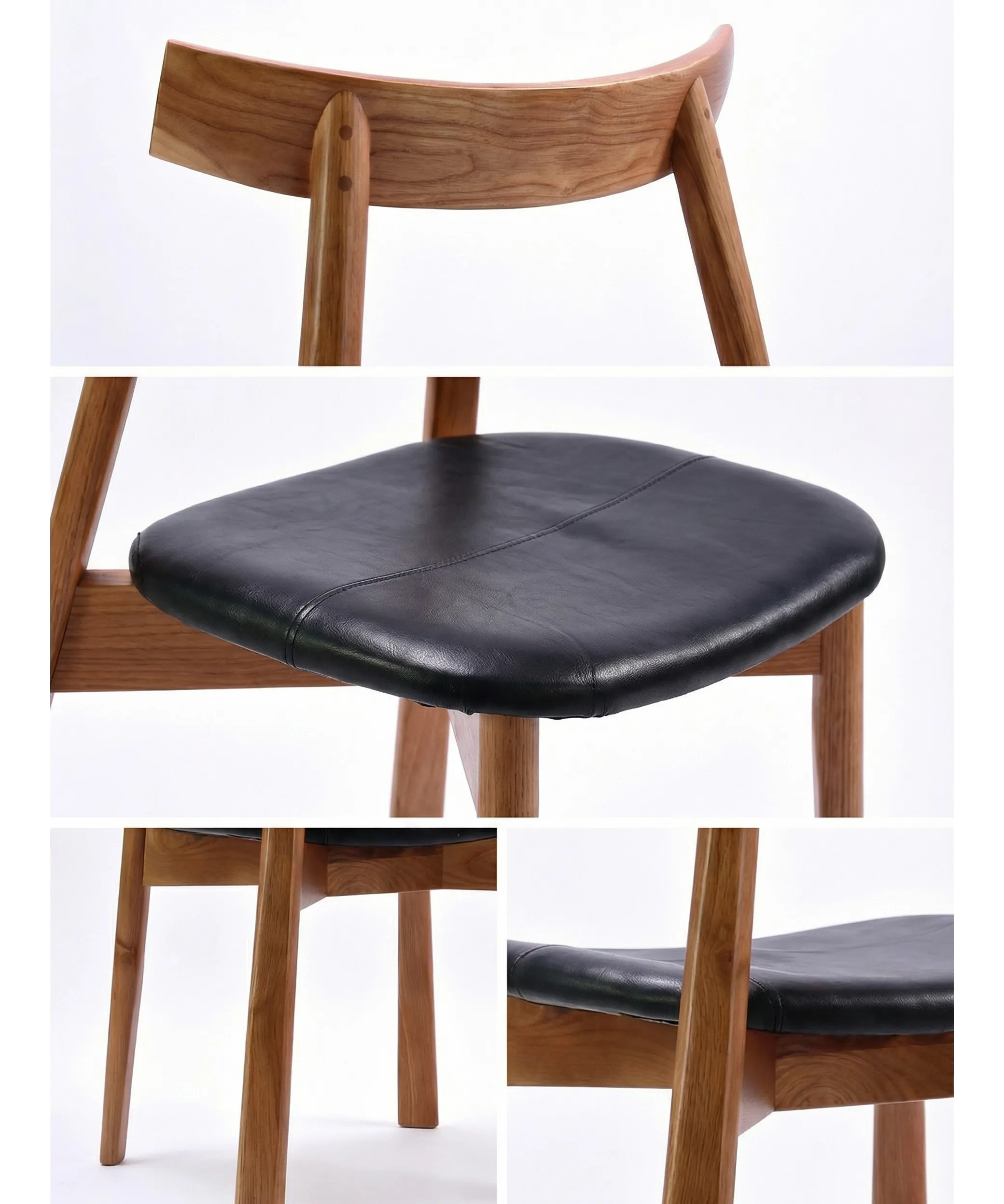 Silla Magarza de comedor en madera de fresno café con asiento tapizado en cuero negro, diseño contemporáneo y elegante.