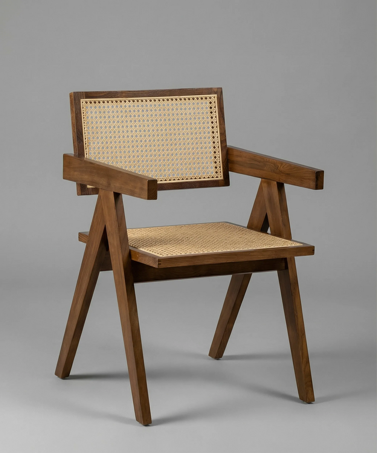 Silla Retama de comedor con diseño nórdico contemporáneo y estructura geométrica en madera y mimbre natural.