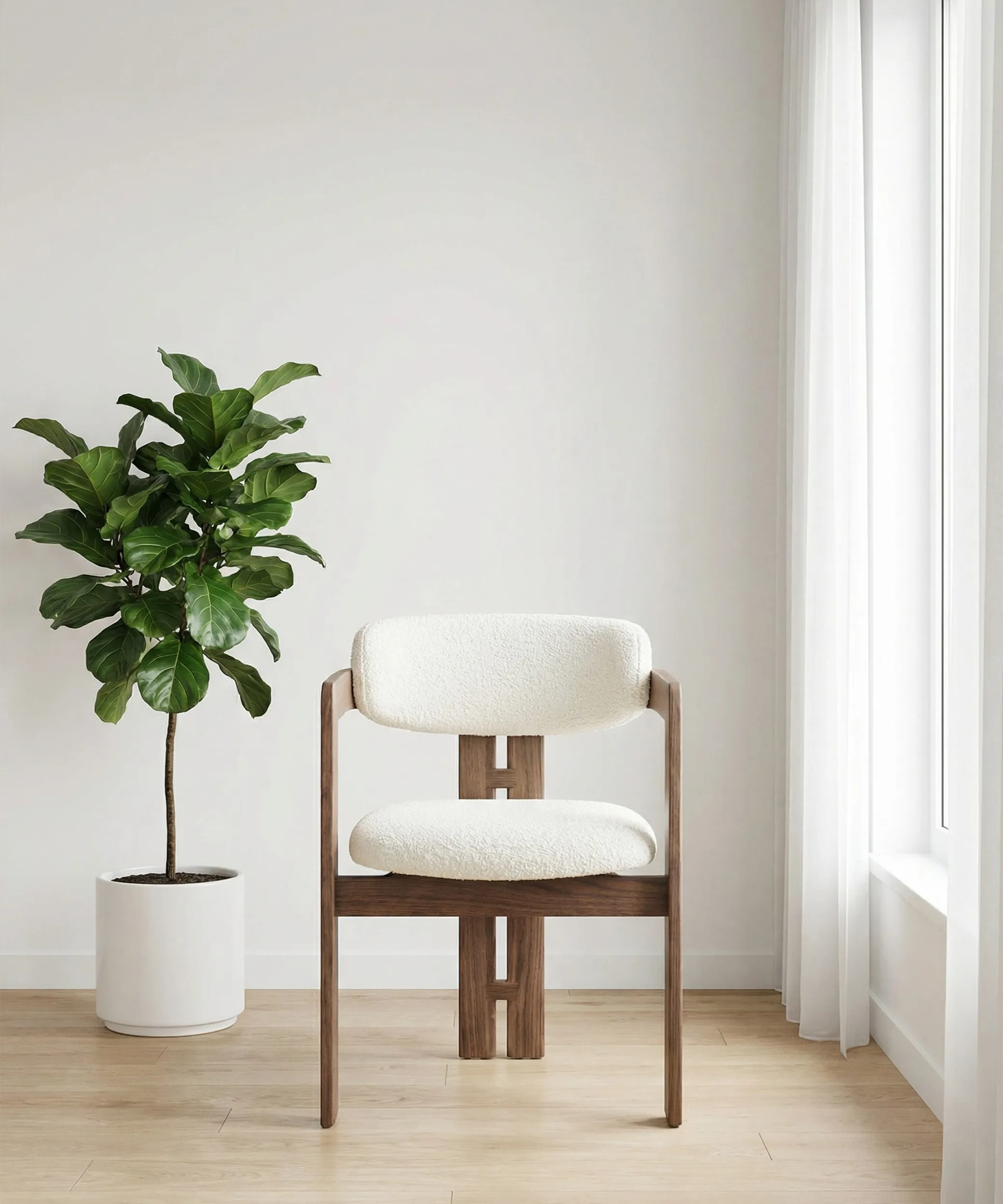 Silla Jara en madera de fresno con diseño contemporáneo y tapizado blanco, ideal para comedor moderno y luminoso.