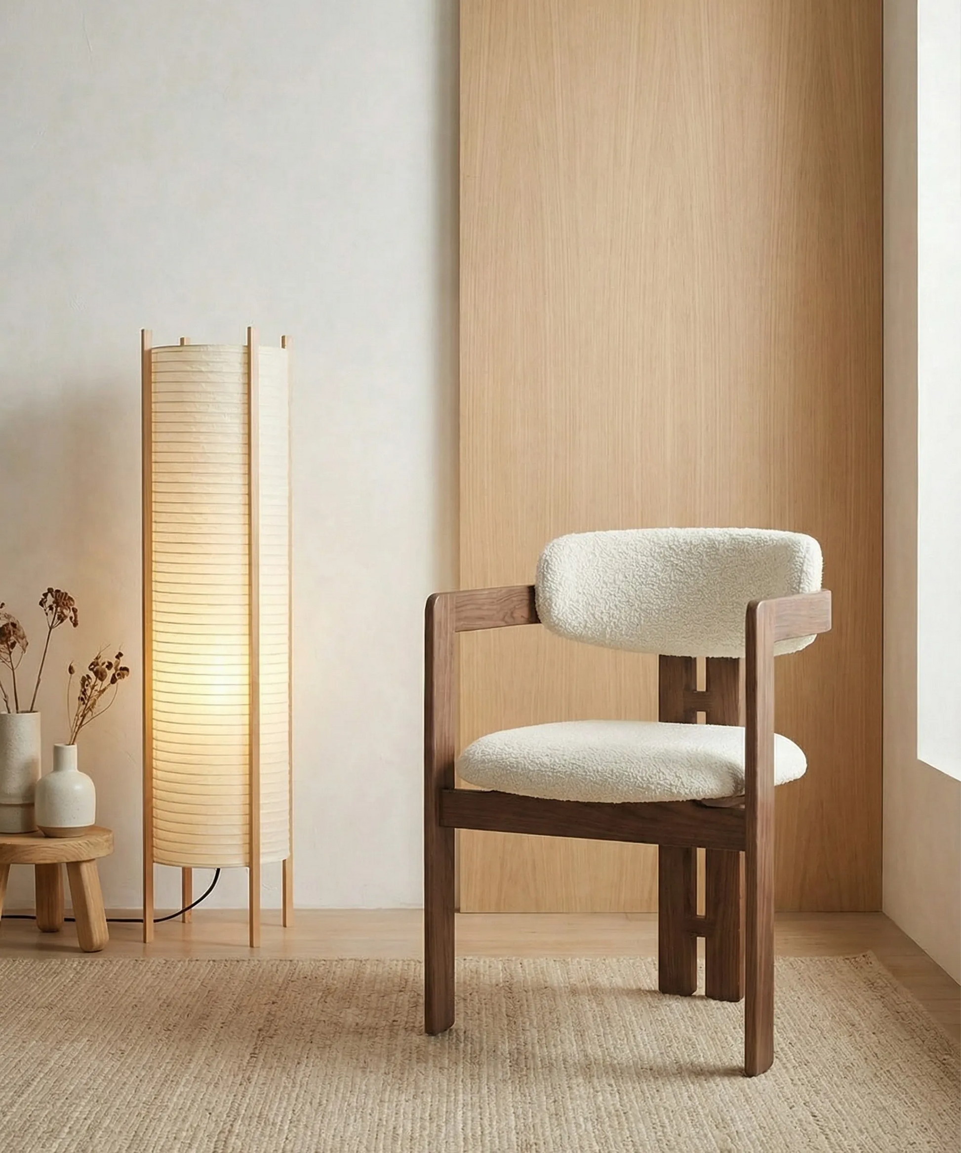 Silla Jara en madera de fresno con diseño limpio y cojines acolchonados en ambiente minimalista y moderno.