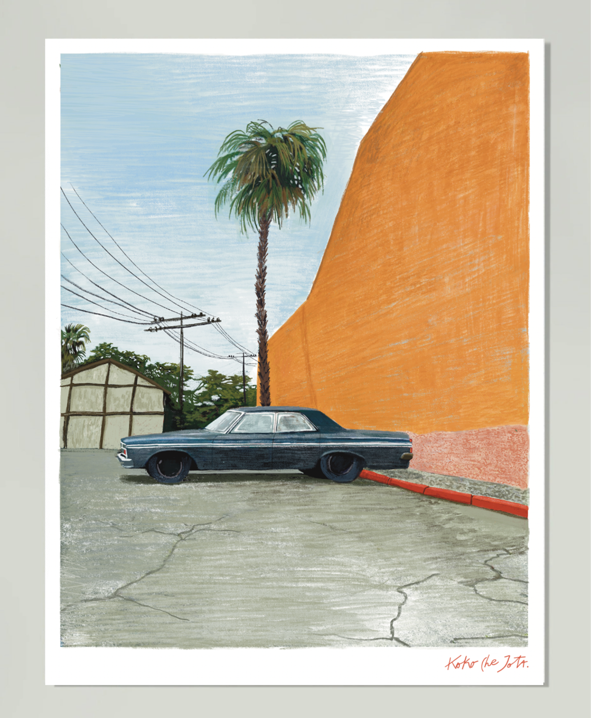 Sam's Car" // FINE ART PRINT de coche clásico negro junto a pared naranja y palmera bajo cielo azul claro