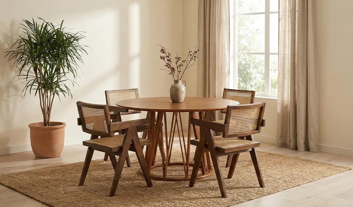 Mesa redonda de madera con base metálica y cuatro sillas con respaldo tejido, en sala luminosa y natural.
