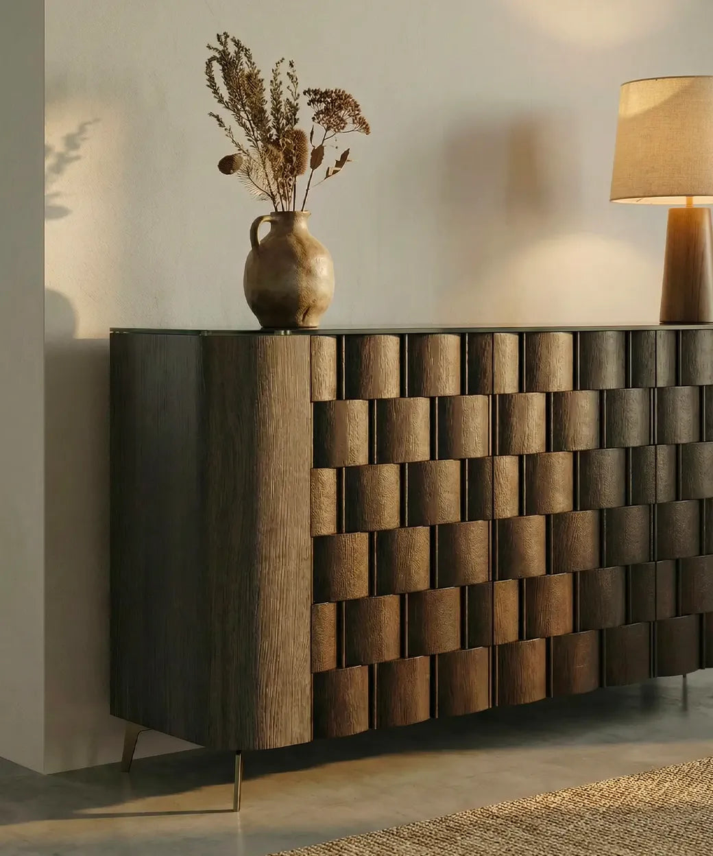 Galga en madera oscura con textura tridimensional que crea un diseño cálido y sofisticado natural.