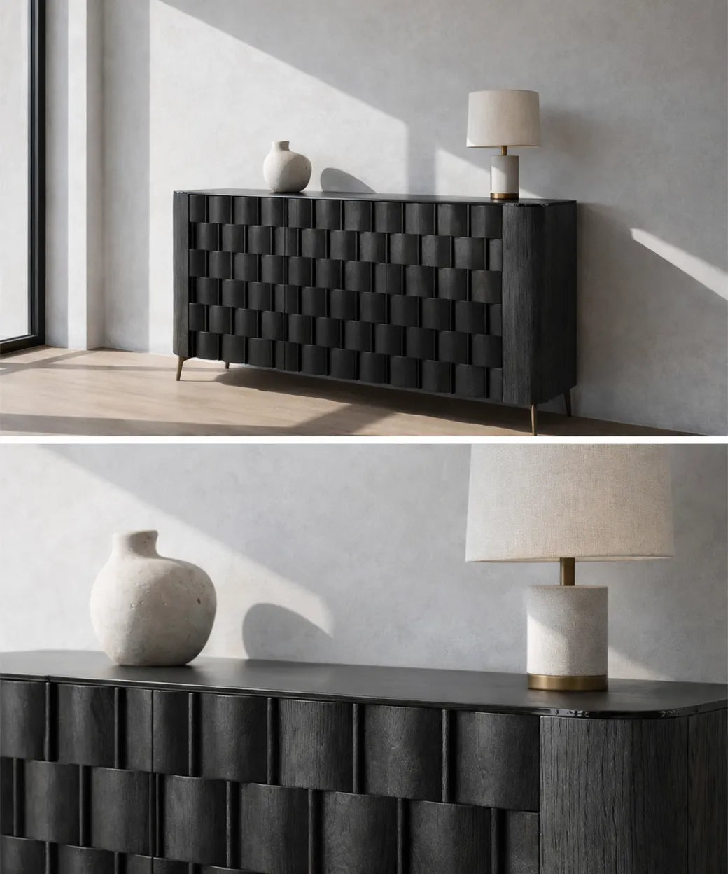 Galga en madera oscura con relieve en bloques curvos que crea un diseño sofisticado y contemporáneo.