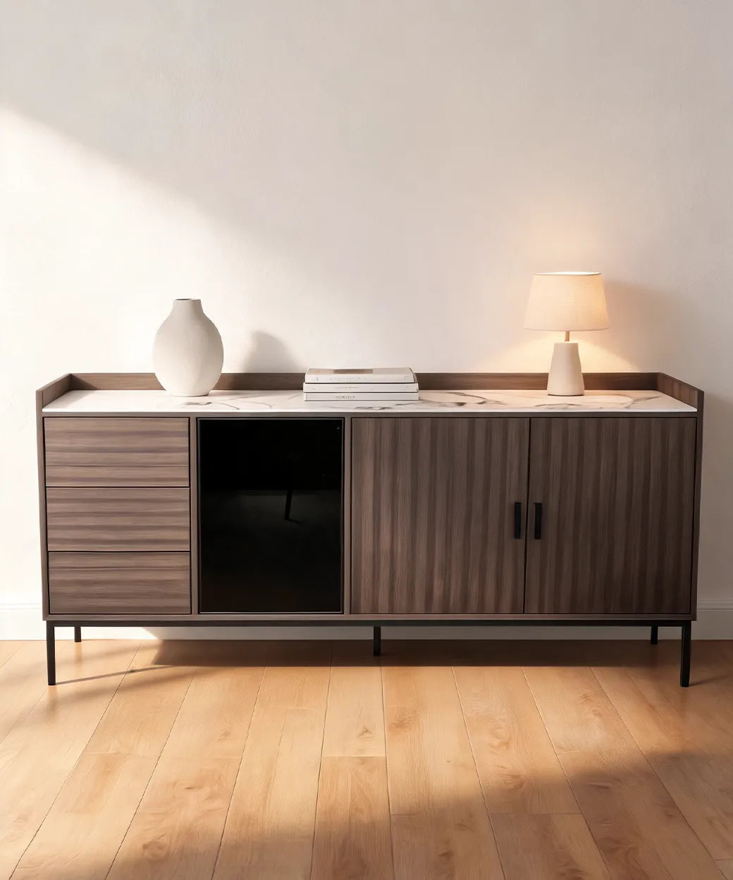 Garafia (180 cm) en nogal oscuro con superficie clara, diseño práctico y moderno para muebles en Canarias