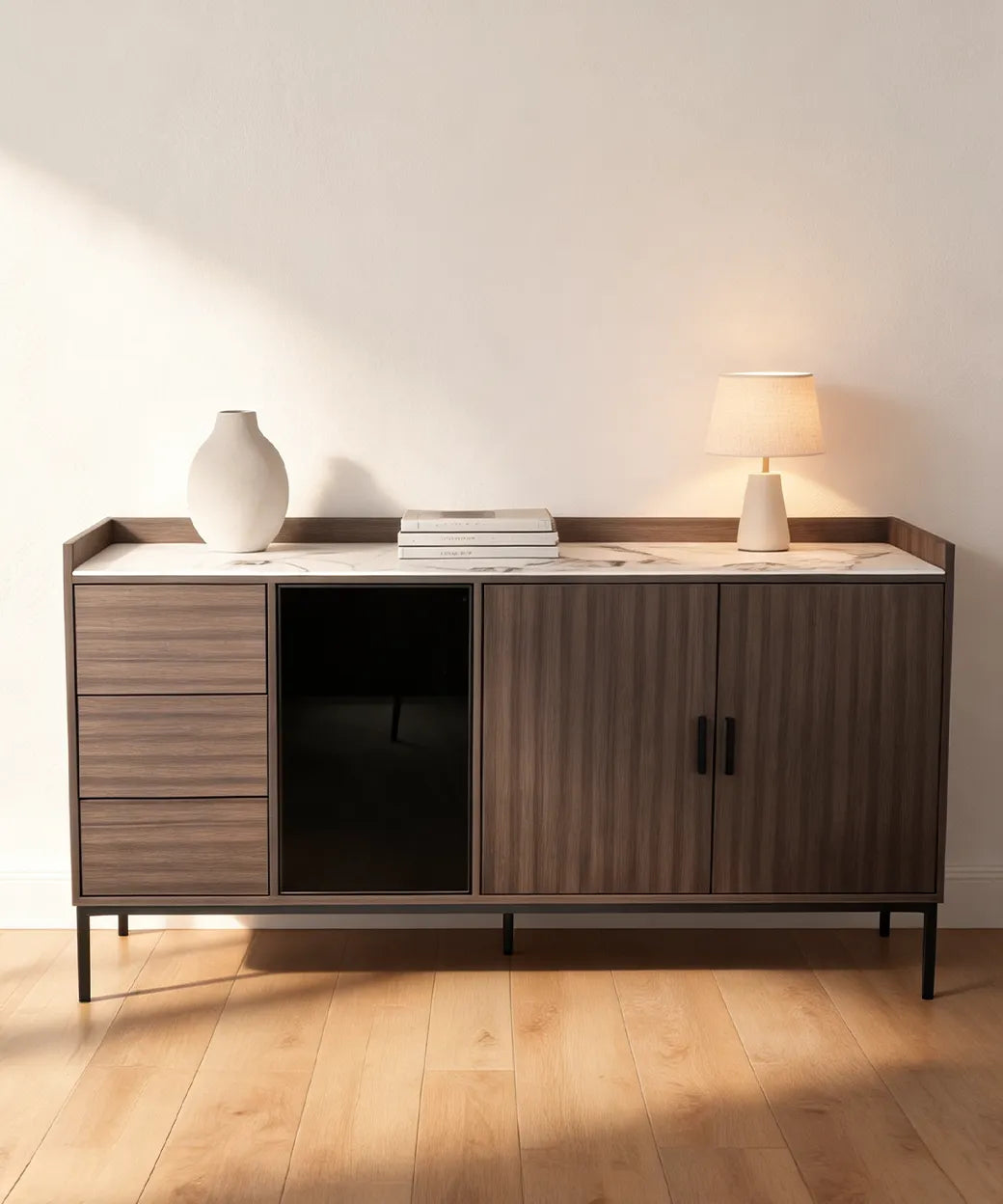 Garafia (160 cm) en nogal oscuro con diseño elegante y práctico, aparador versátil para muebles en Canarias