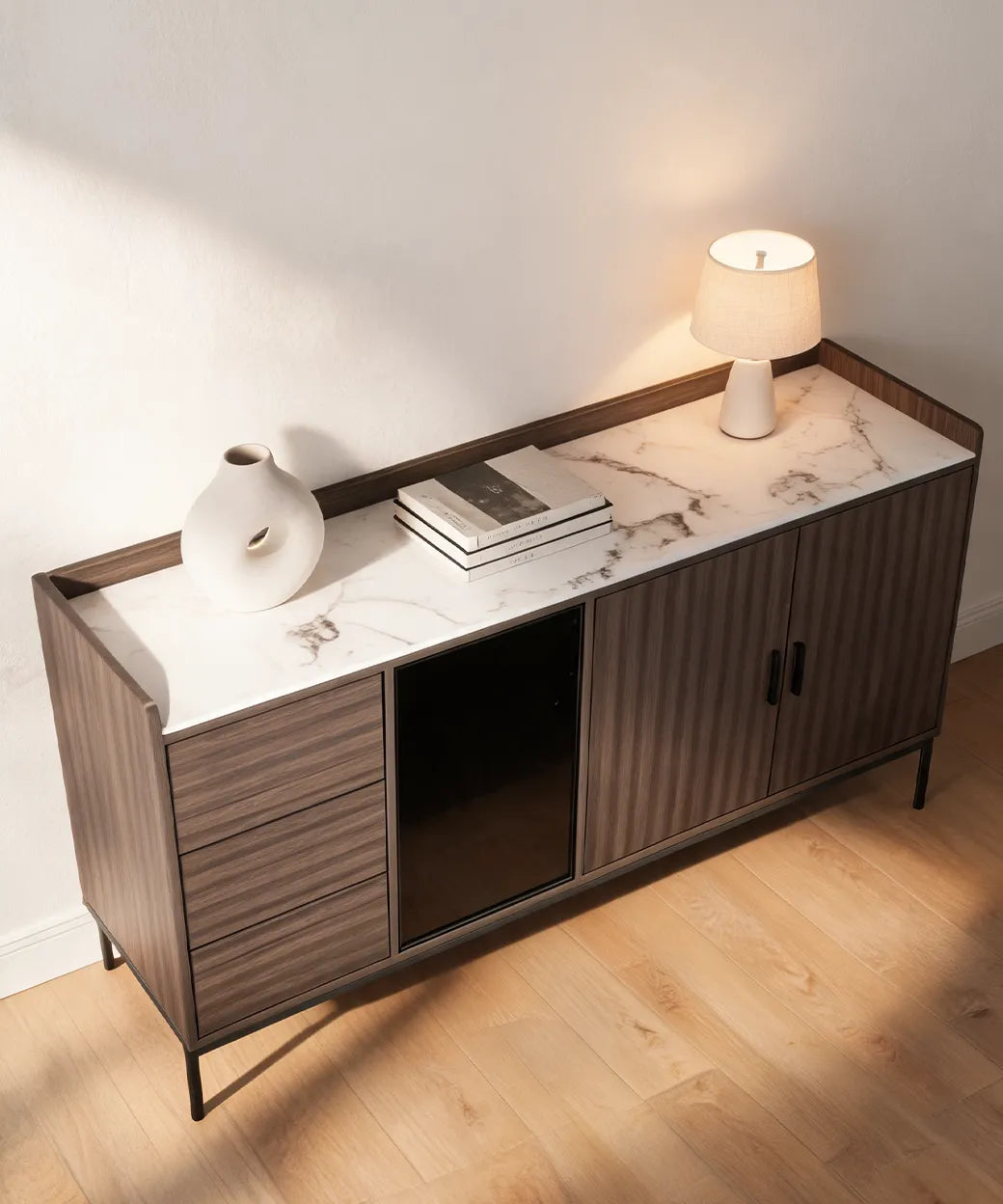 Garafia (160 cm) en nogal oscuro con superficie marmoleada, diseño funcional y elegante para muebles en Canarias
