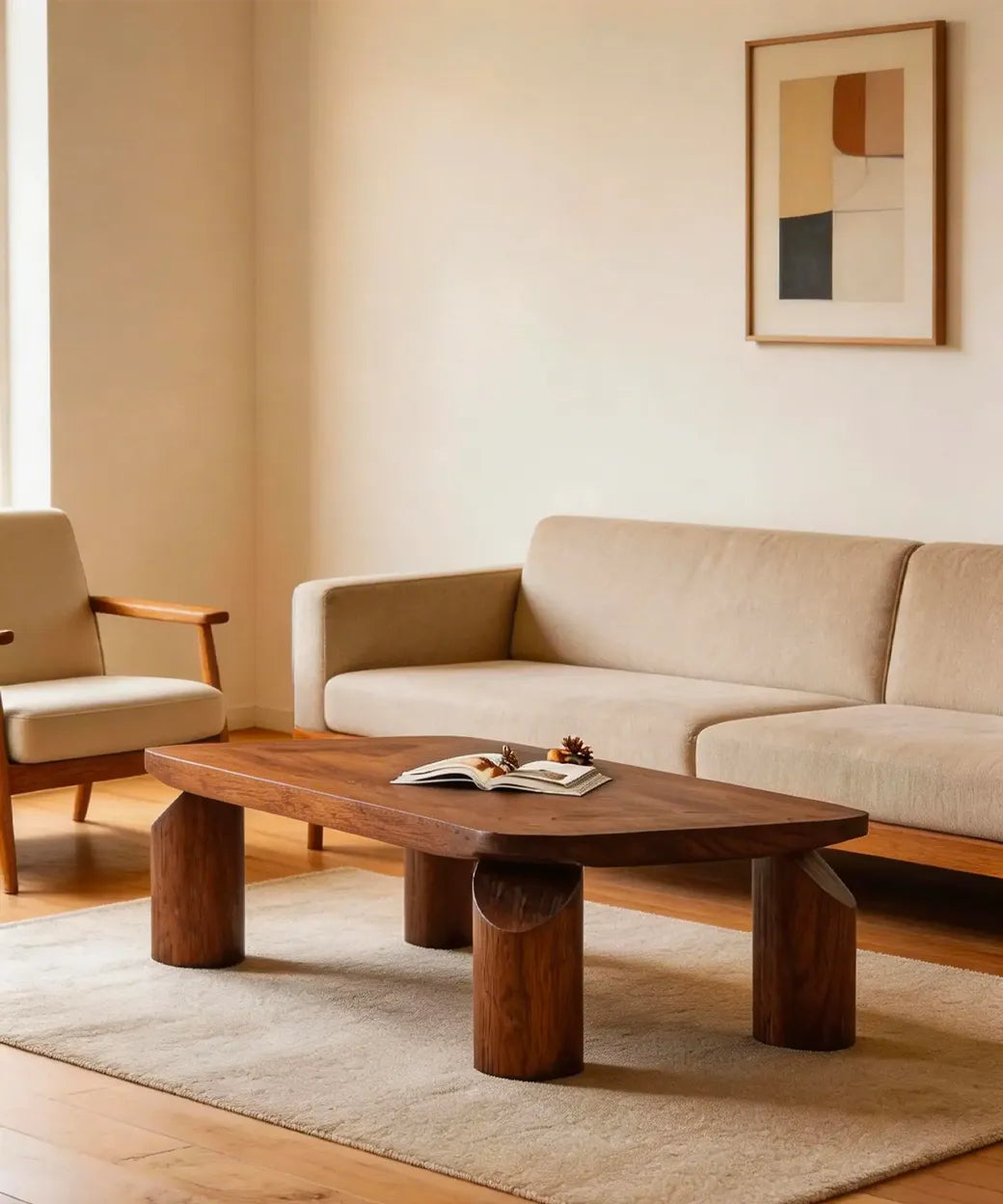 Itara (120 cm) con base robusta de cilindros y superficie ovalada en madera que aporta diseño cálido y natural.