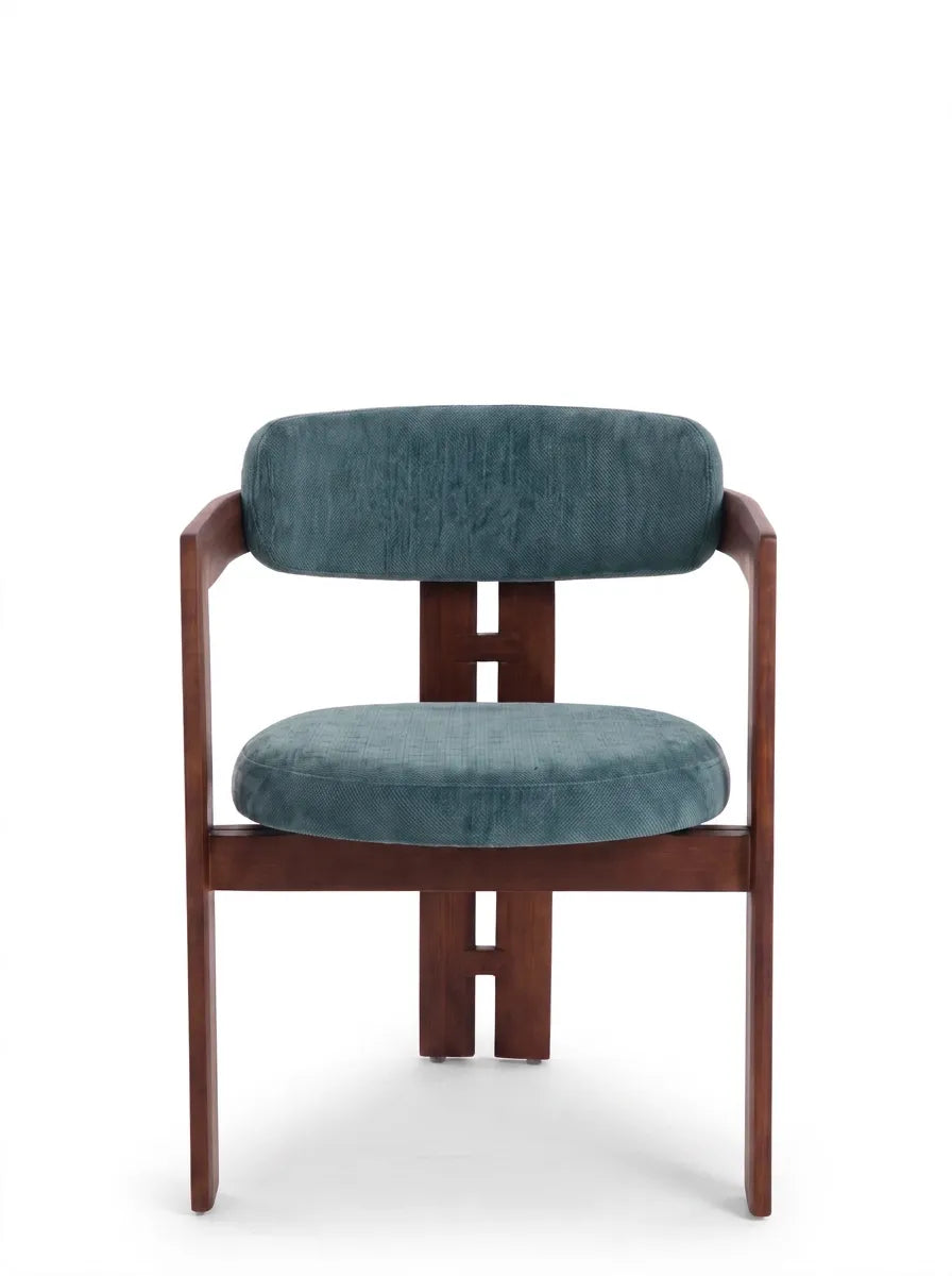 Silla de comedor con reposabrazos Jara Nogal en nogal y tapizado bouclé verde aguamarina