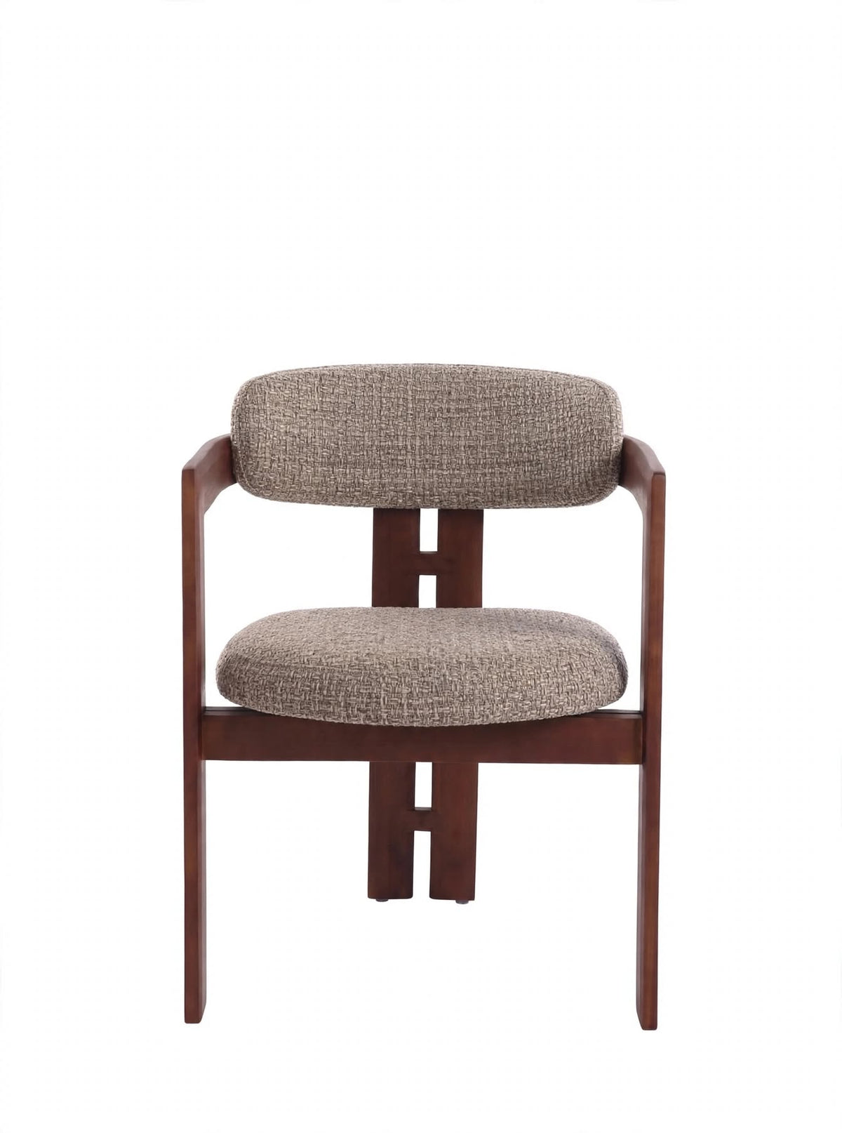 Silla de comedor con reposabrazos Jara Nogal en nogal y tapizado bouclé arena