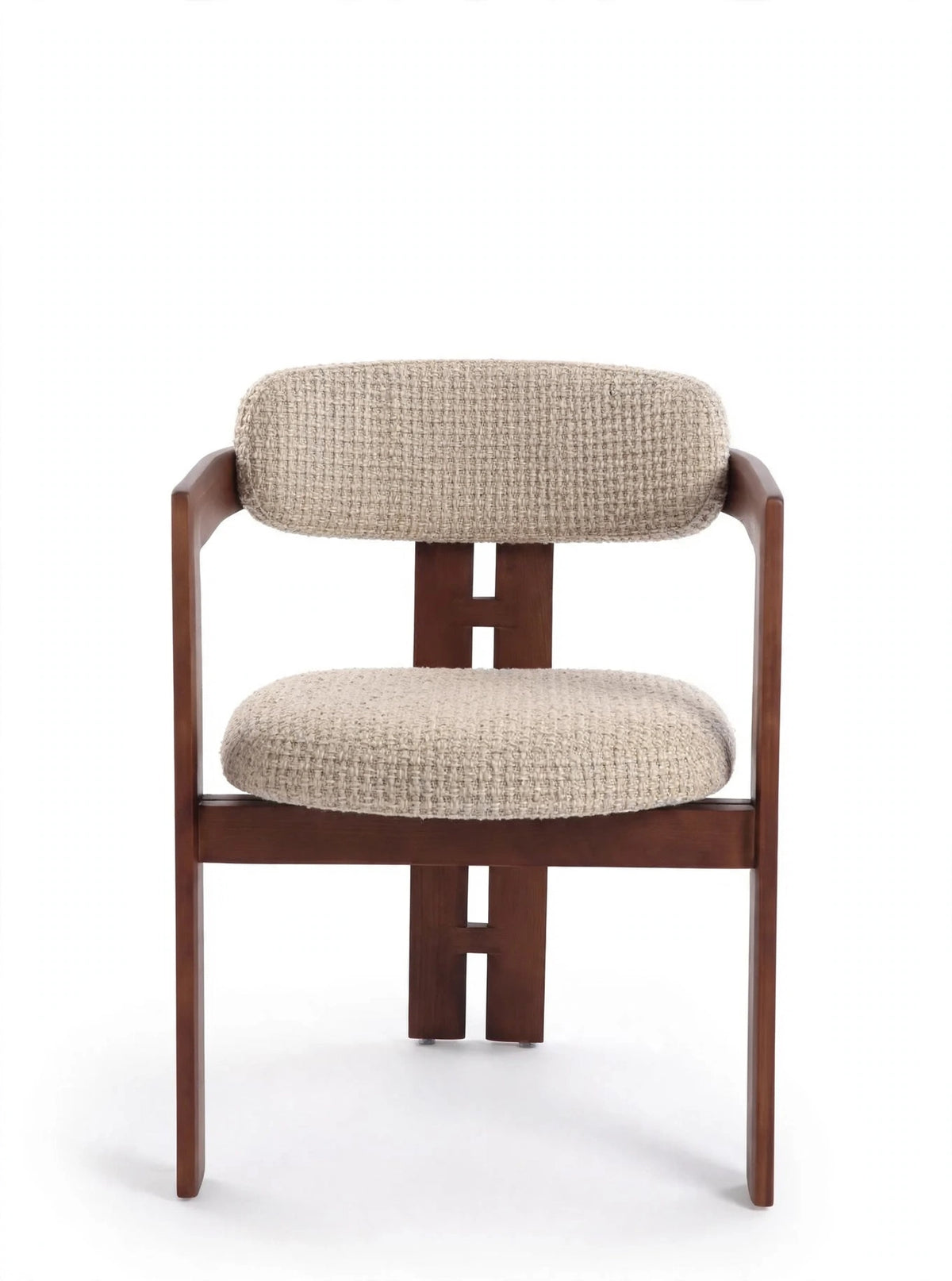 Silla de comedor con reposabrazos Jara Nogal en nogal y tapizado bouclé marfil