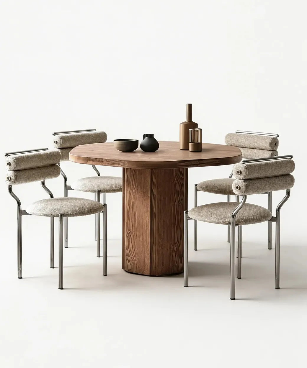 Juncal con base hexagonal en madera natural y superficie redonda que aporta diseño y calidez contemporánea.