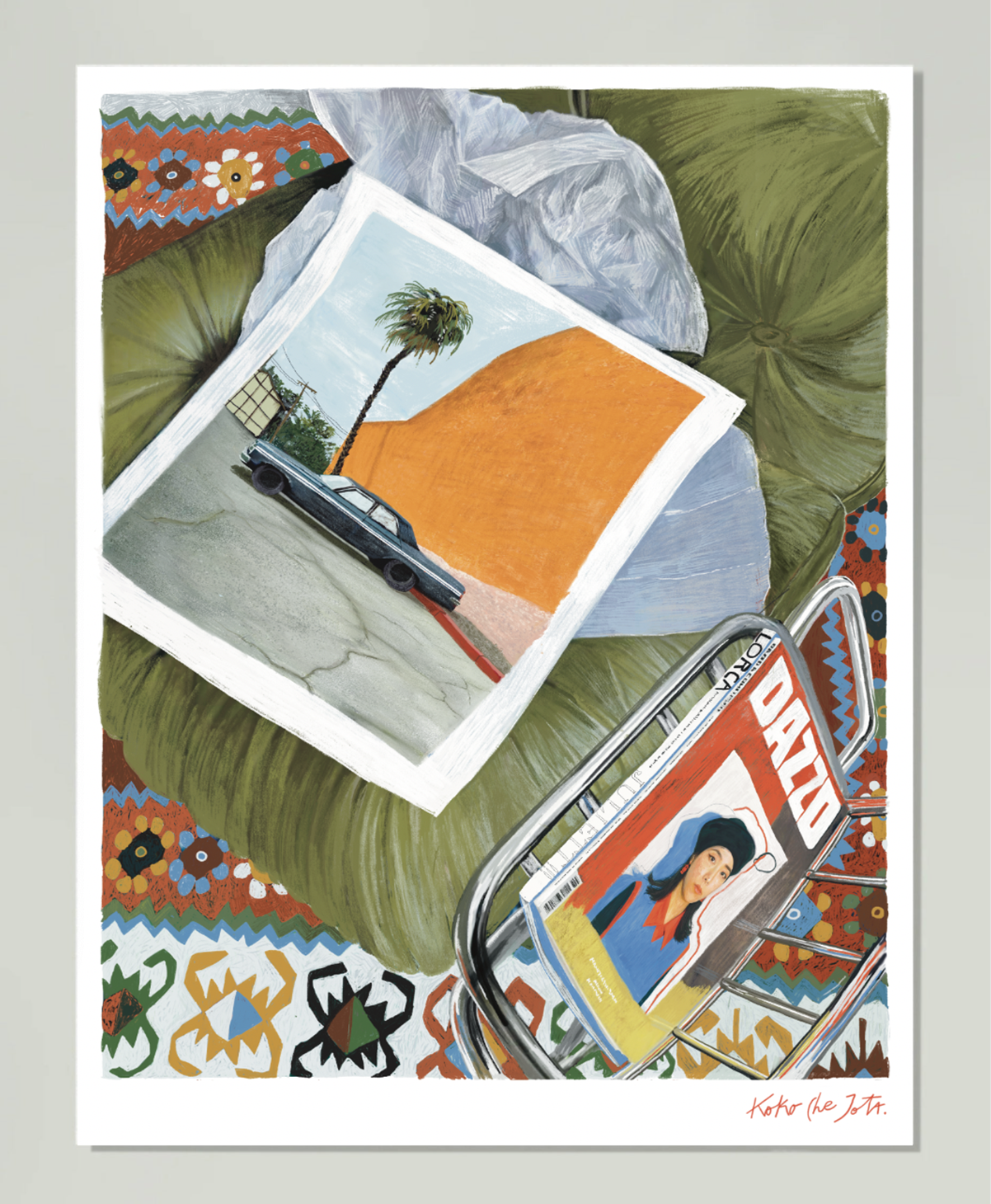 KOKO'S GIFT" // FINE ART PRINT, ilustración detallada sobre sofá verde y revista en silla metálica con alfombra colorida