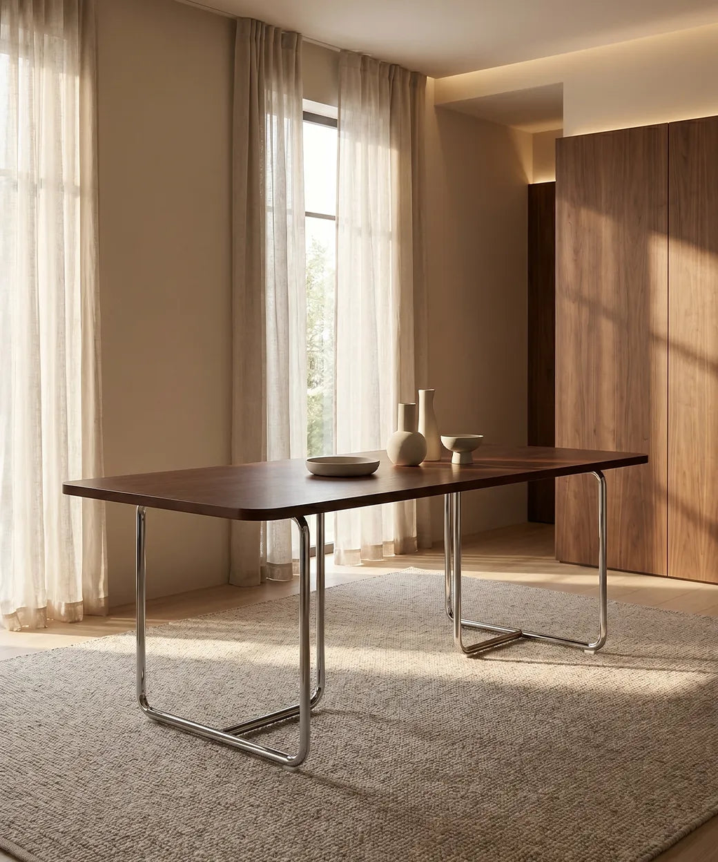 Mesa Linés en madera nogal oscuro con patas metálicas cromadas para comedor moderno en hogar en Canarias.