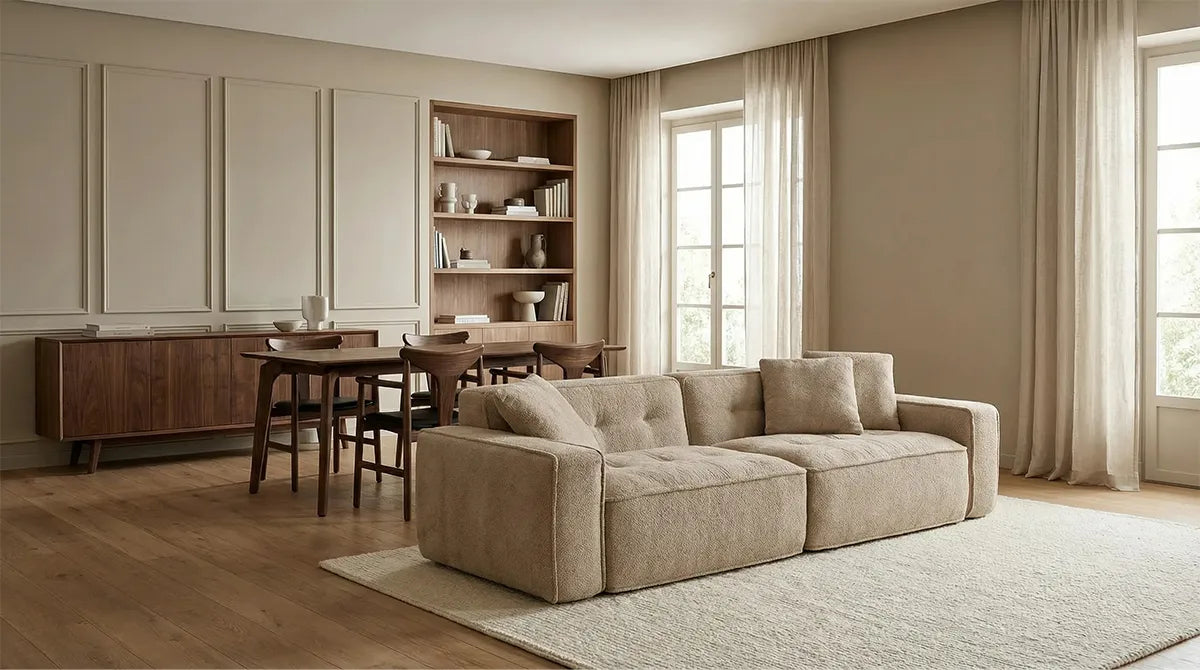 Sala luminosa con sofá modular beige, mesa de comedor de madera y estantería integrada en pared clara.