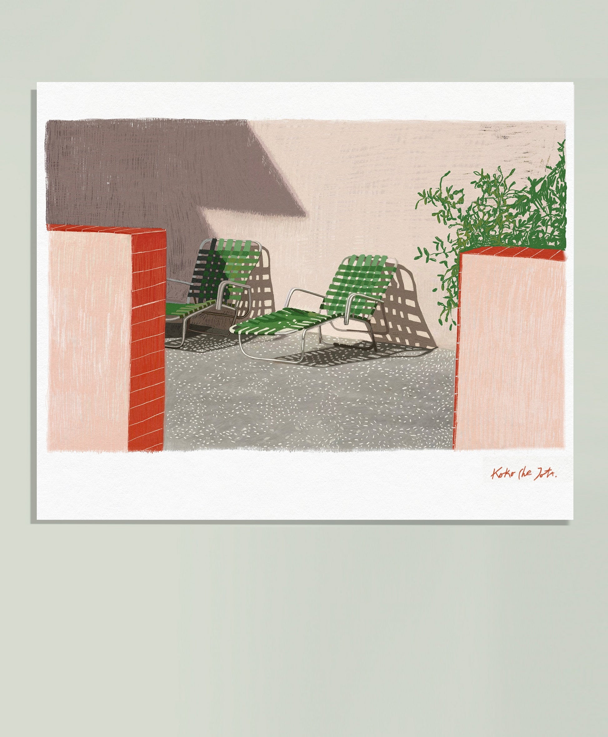 WILLIAM´S HAMMOCK" // FINE ART PRINT con sillas verdes, sombra arquitectónica y detalles en paredes y vegetación
