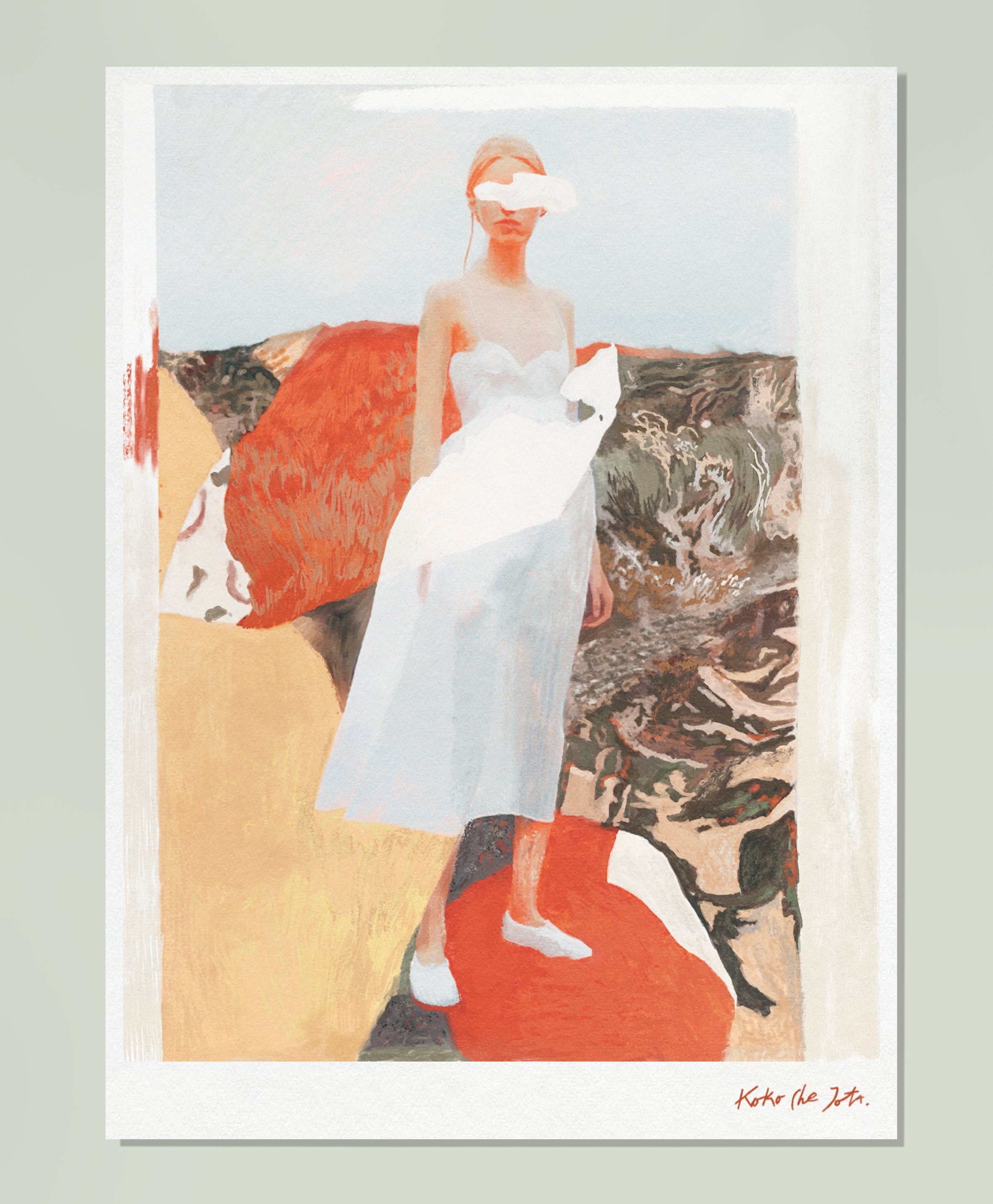 RED SERIE Nº1" // FINE ART PRINT con figura femenina estilizada, vestido blanco y fondo abstracto con tonos cálidos.