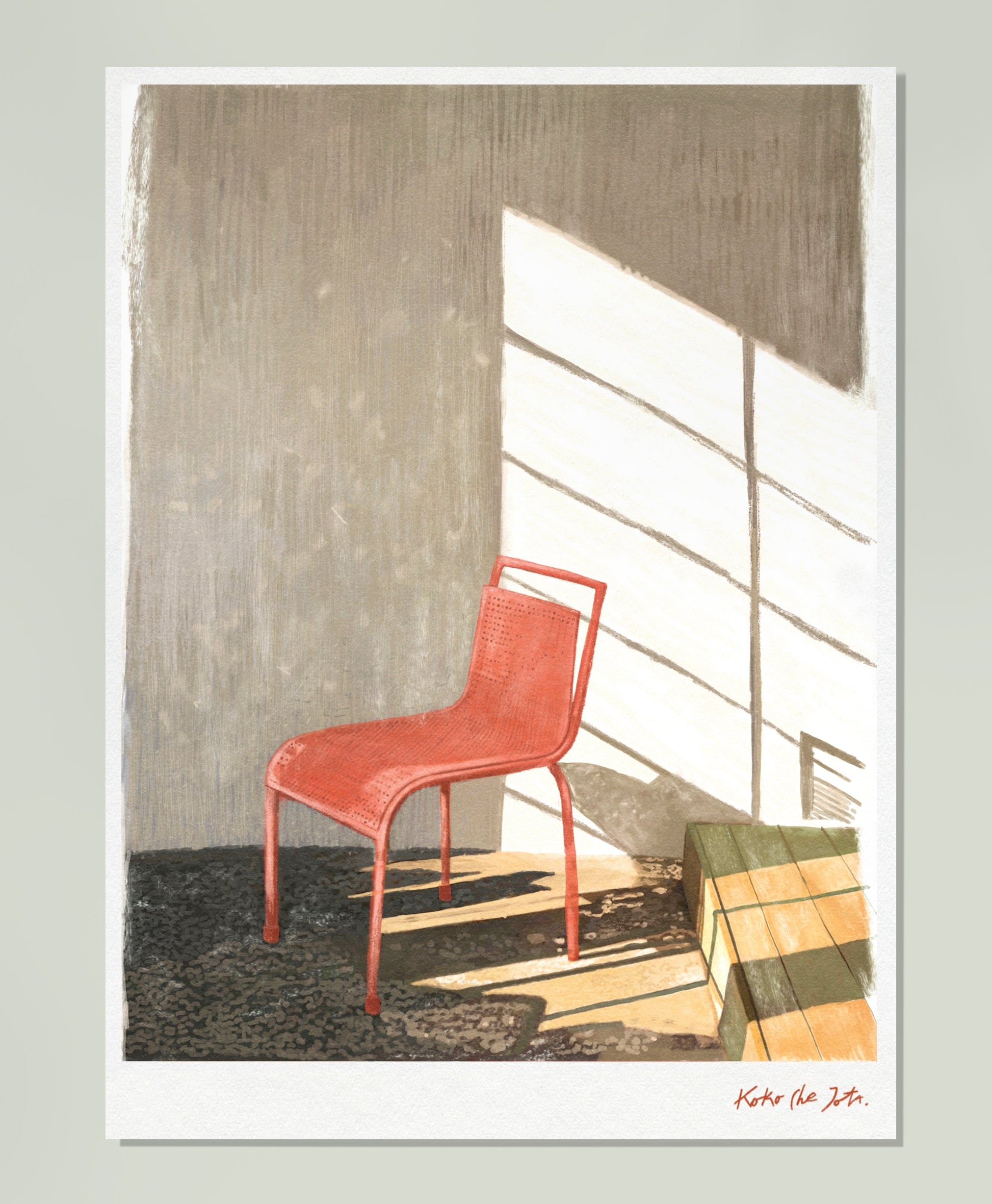 RED SERIE Nº2" // FINE ART PRINT con silla roja iluminada por luz natural en ambiente minimalista y moderno