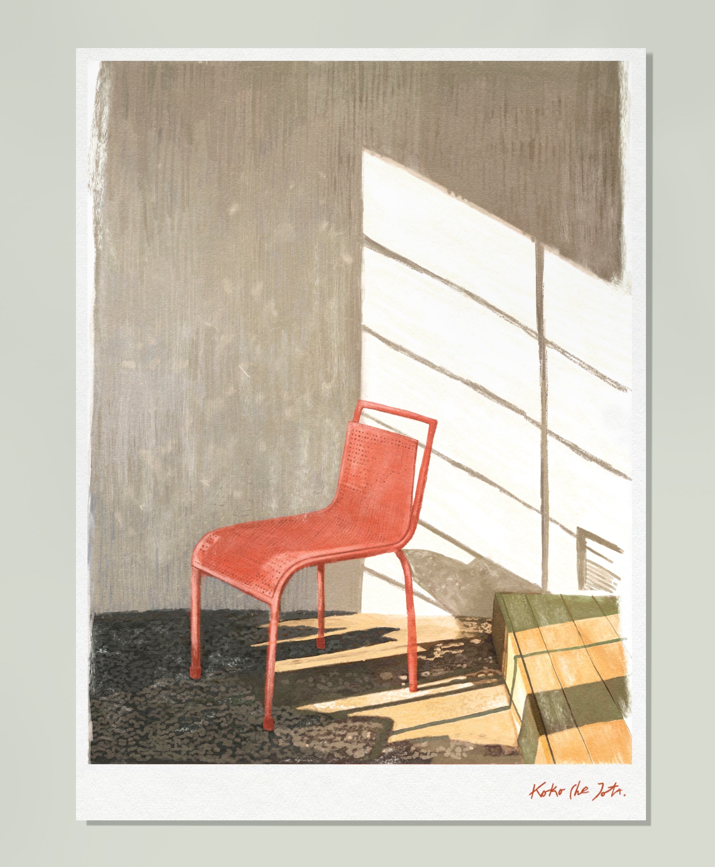 RED SERIE Nº2" // FINE ART PRINT con silla roja iluminada por luz natural en ambiente minimalista y moderno