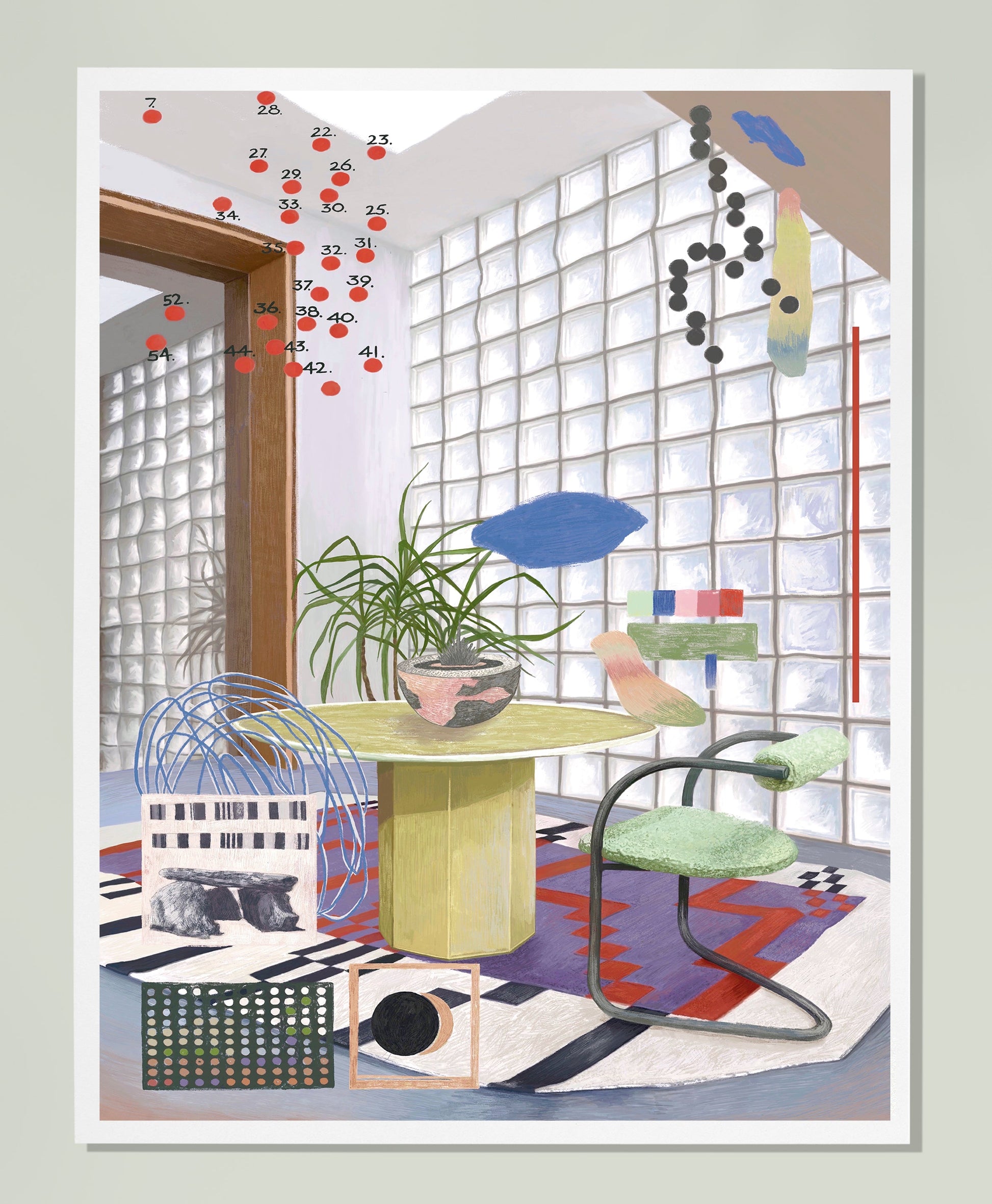 HUMA`S HOUSE" // FINE ART PRINT con mesa redonda, silla verde, plantas y muro de bloques de vidrio en interior moderno