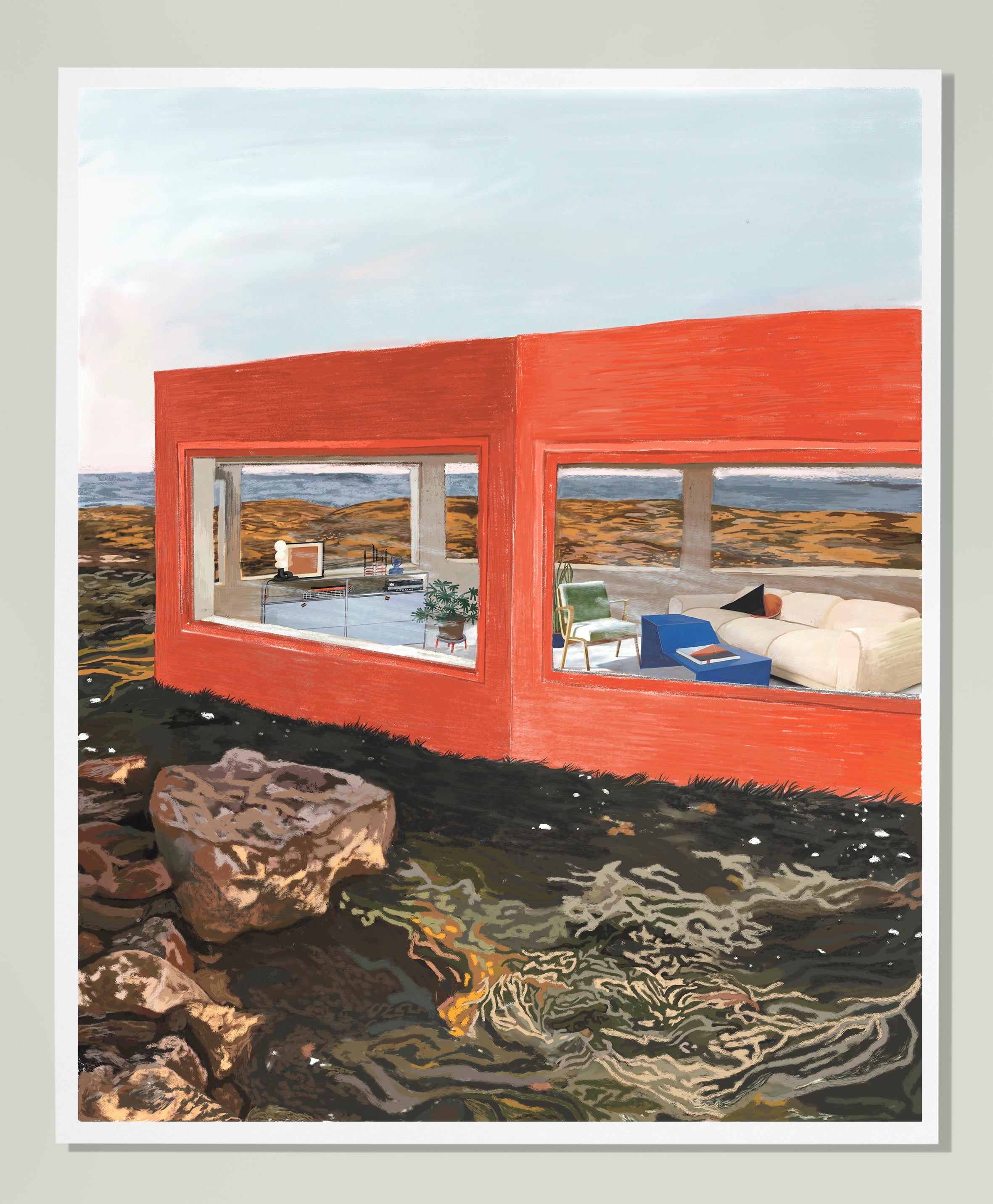 LYDIA`S HOUSE" // FINE ART PRINT con casa naranja, ventanales amplios y muebles modernos en entorno natural canario