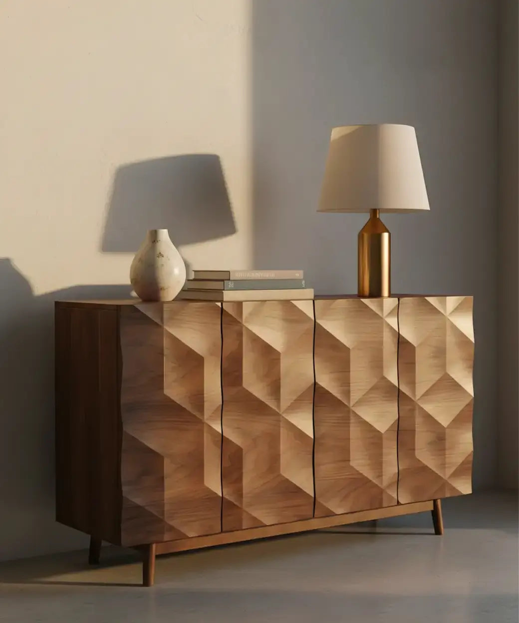 Majona (150 cm) en madera con diseño geométrico en relieve que aporta un estilo sofisticado y contemporáneo.