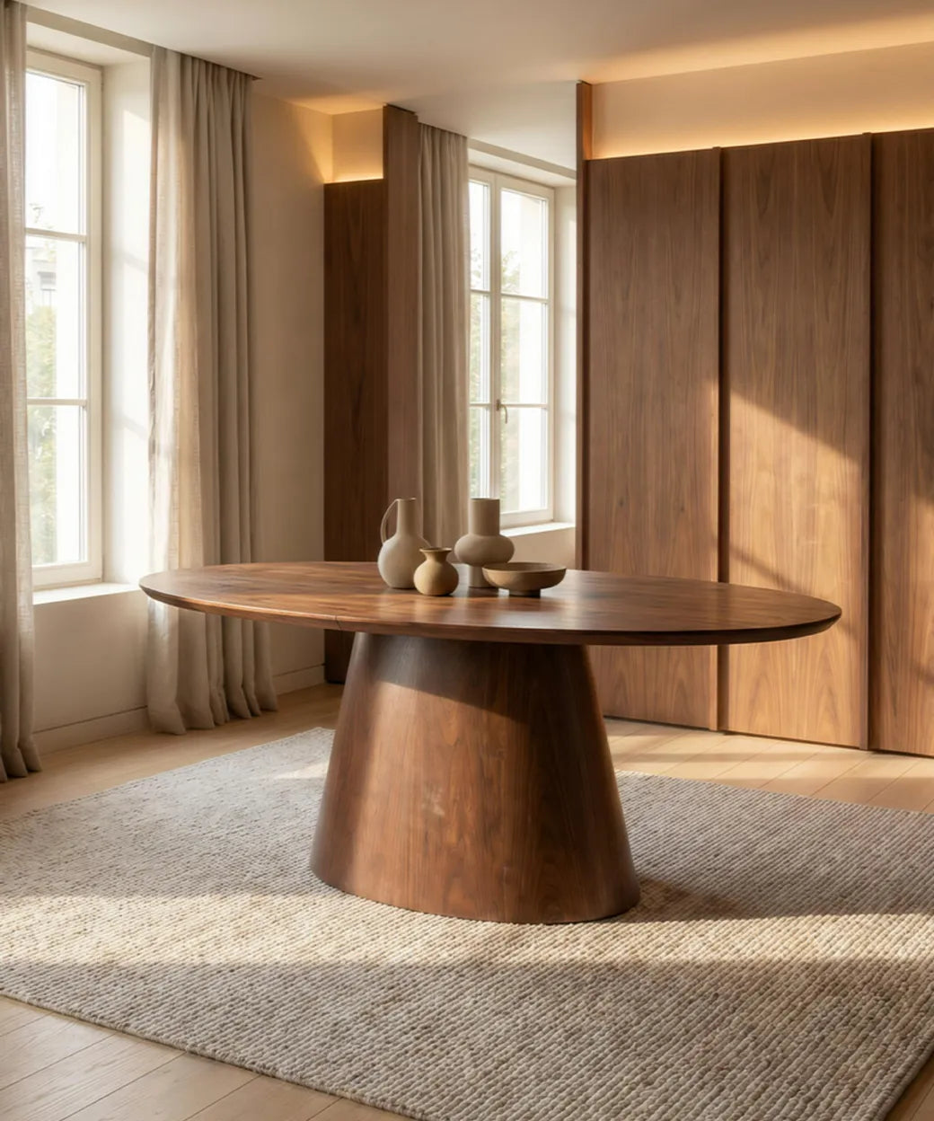 Mesa Malpaso en nogal oscuro con base cónica sólida y diseño contemporáneo para comedor en hogar moderno en Canarias