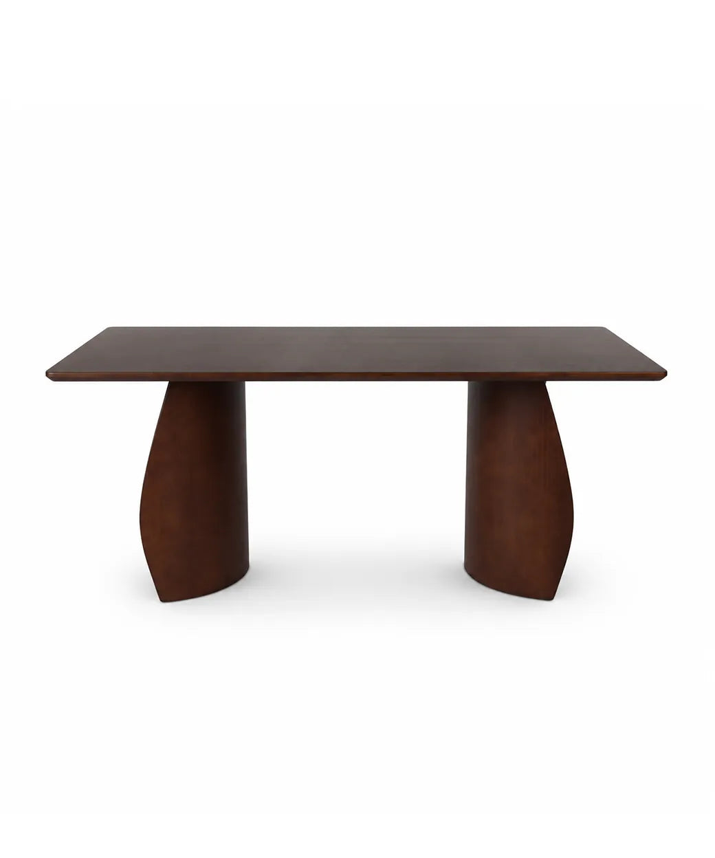Mesa Tecina en nogal oscuro con base curva robusta y diseño contemporáneo ideal para comedor moderno en Canarias.