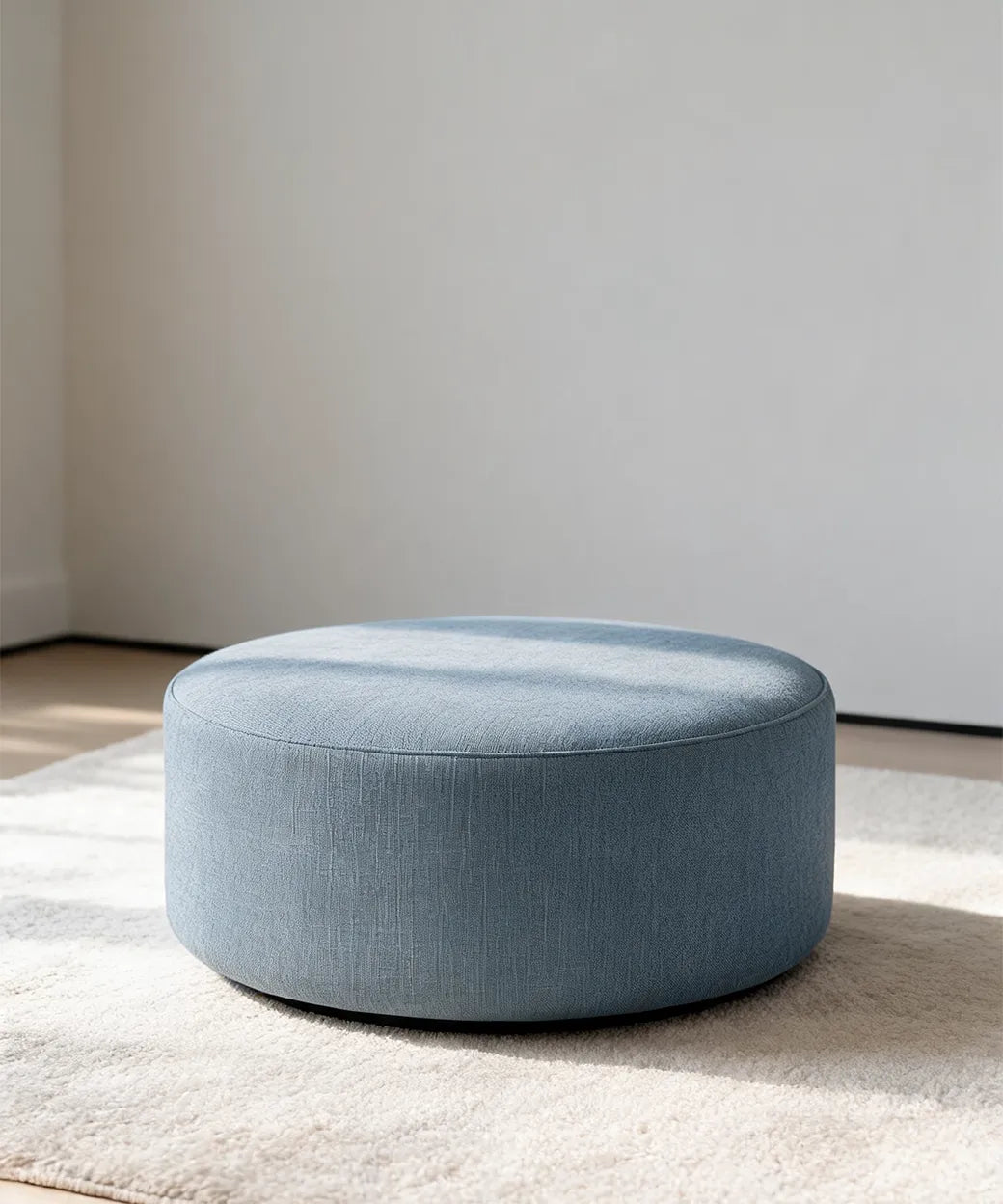 Isleta puff redondo en tono azul claro con diseño contemporáneo, cómodo y versátil para hogares modernos en Canarias