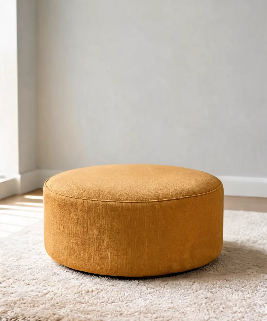 Isleta puff redondo en tono mostaza con diseño minimalista, ideal para salones modernos en Canarias