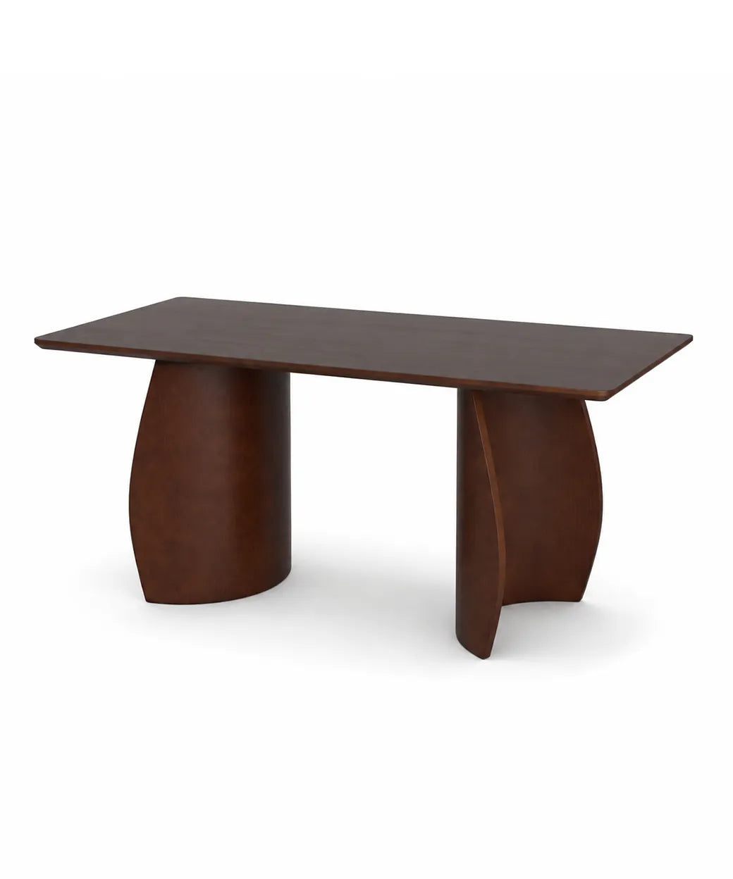 Mesa Tecina en nogal oscuro con base escultural de diseño contemporáneo ideal para comedor moderno.