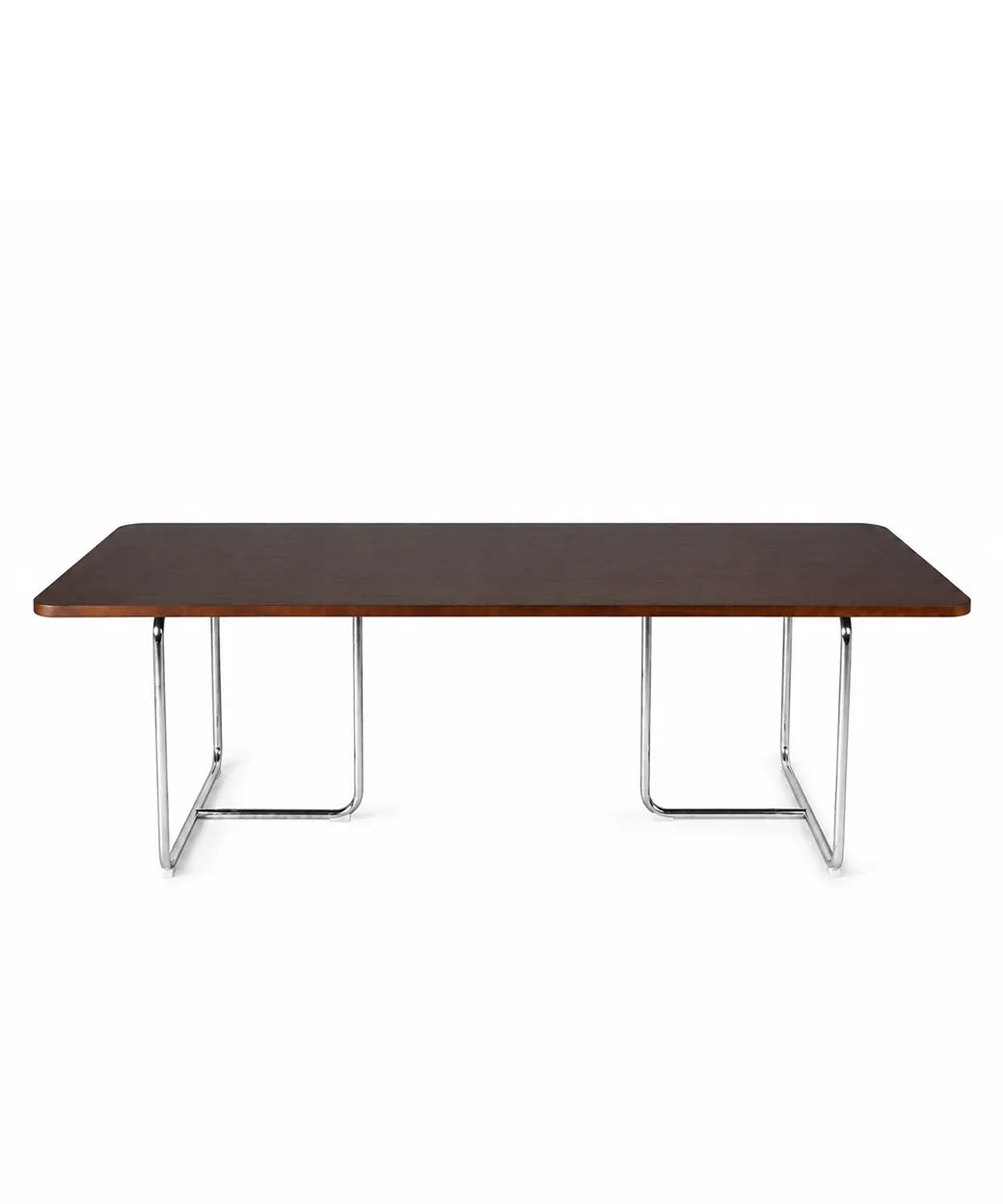 Mesa Linés con superficie en nogal oscuro y estructura metálica cromada para comedor moderno en Canarias.