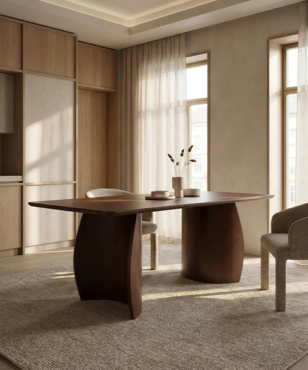 Mesa Tecina en madera nogal oscuro con base curva robusta en comedor de estilo contemporáneo y luz natural.