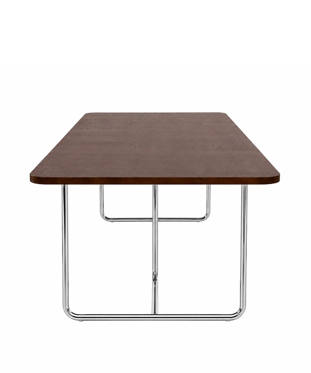 Mesa Linés con superficie en nogal oscuro y estructura metálica cromada para comedor contemporáneo en Canarias