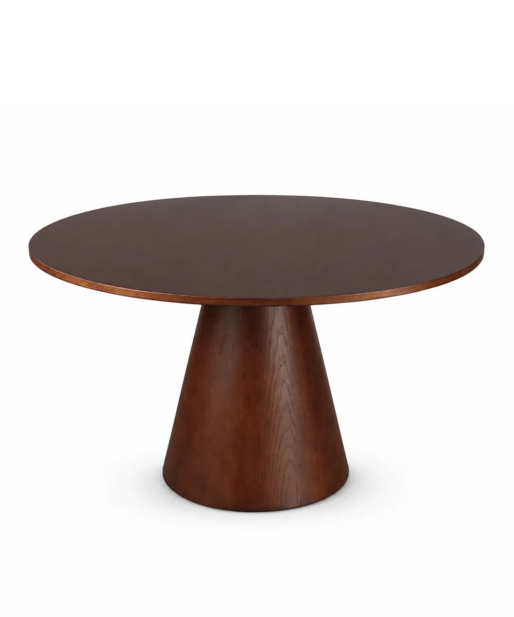 Mesa Targa en nogal oscuro con base cónica robusta de madera negra para comedores contemporáneos en Canarias.