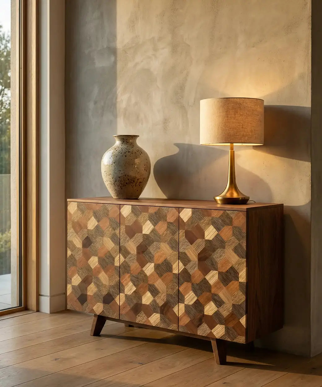 Puntal (120 cm) en madera con diseño de mosaico geométrico que ofrece textura visual única y sofisticada.