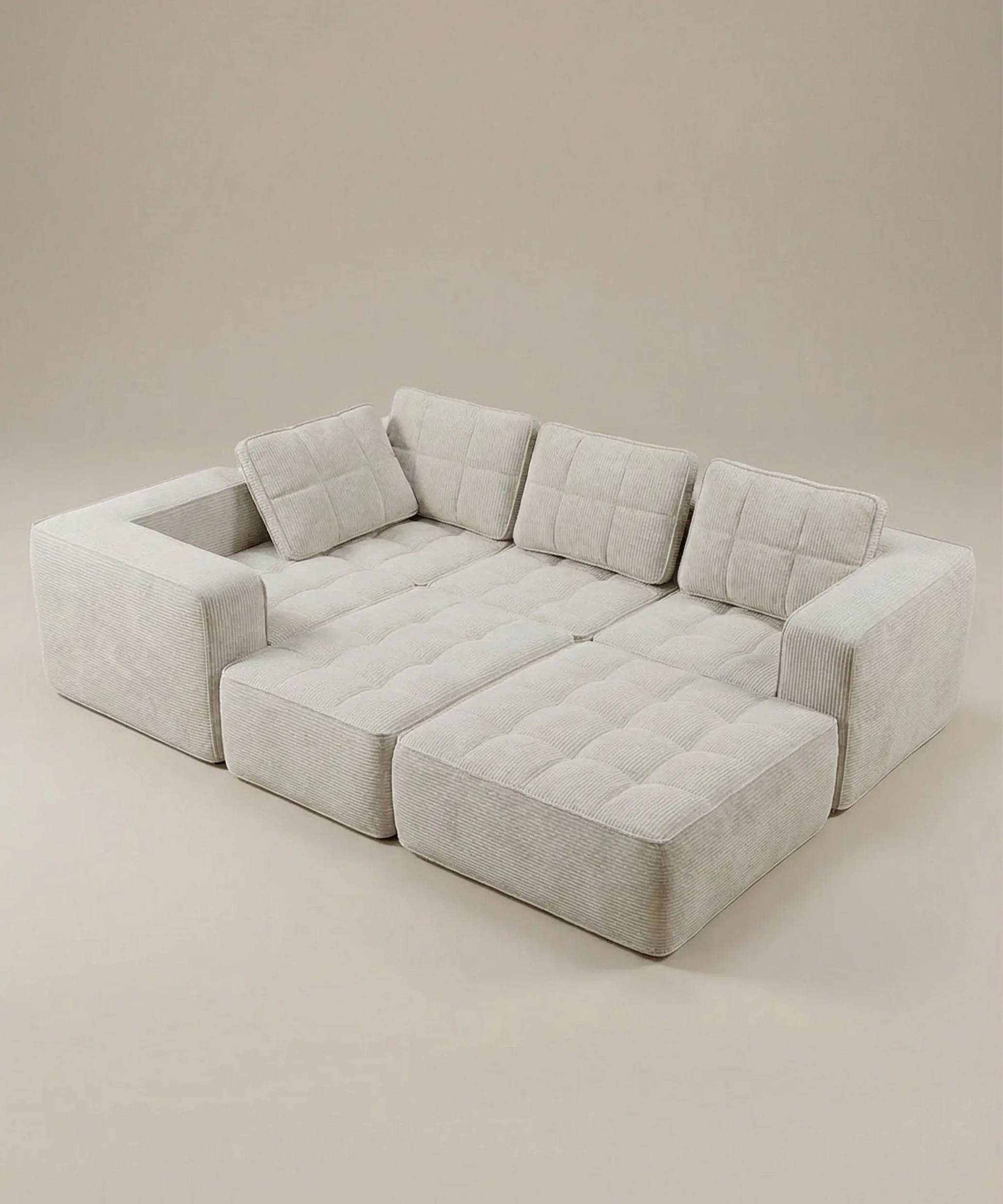 Sofá modular Cumbres en tono beige claro con diseño contemporáneo, ideal para espacios versátiles y cómodos.