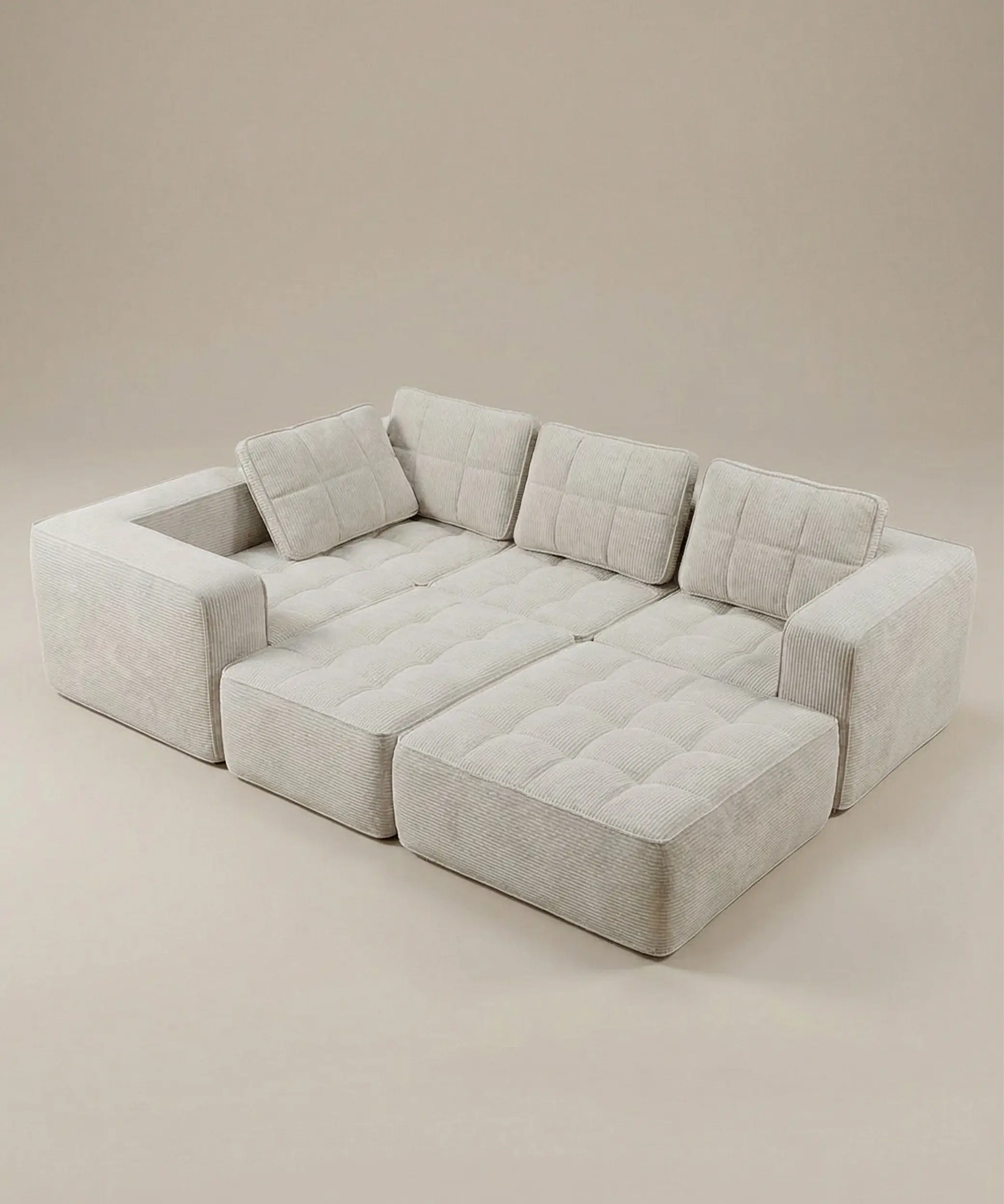 Sofá modular Cumbres en tono beige claro con diseño contemporáneo, ideal para espacios versátiles y cómodos.