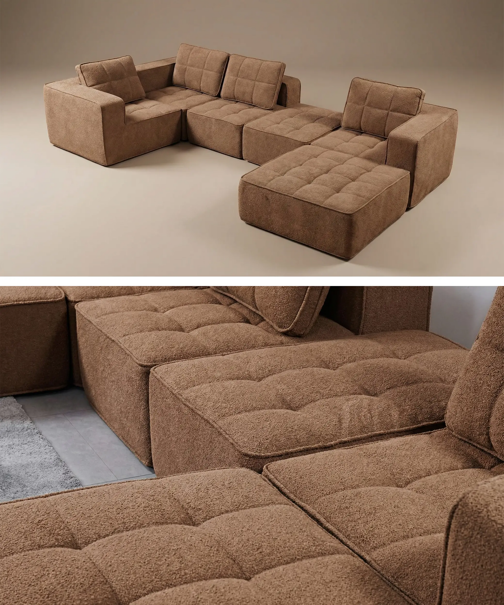 Sofá modular Cumbres en tono marrón con diseño contemporáneo y estructura versátil para espacios modernos y acogedores