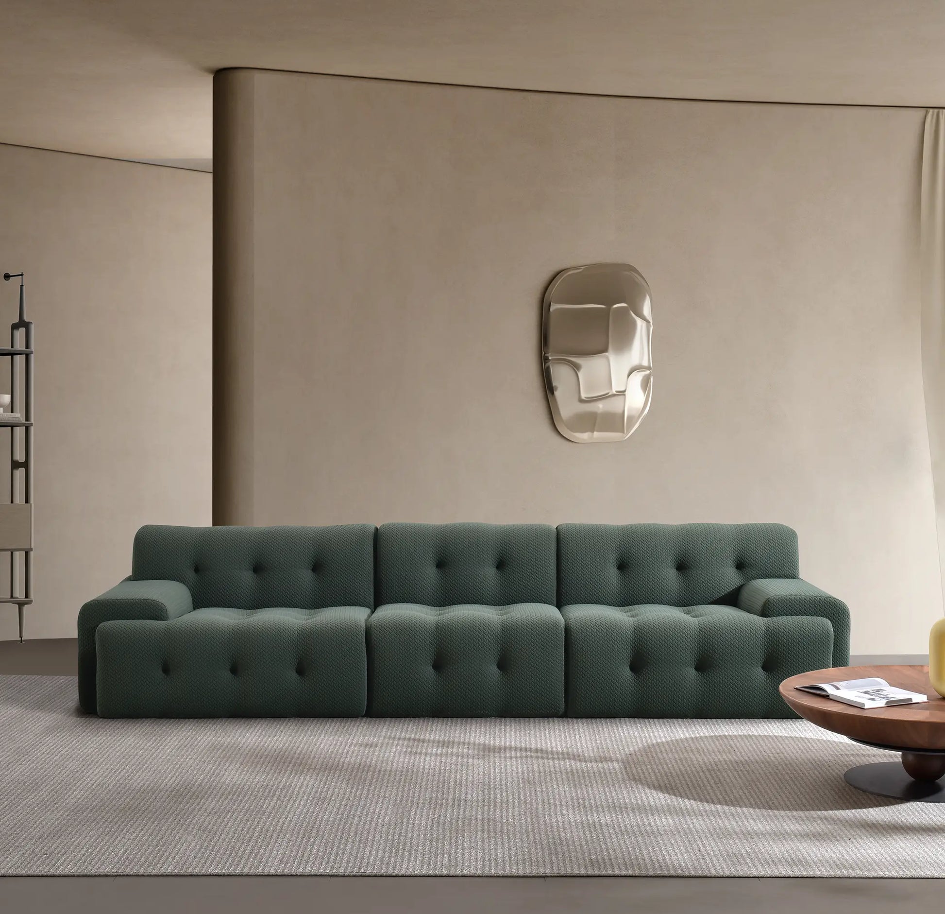 Sofá modular Orotava en tono verde profundo con diseño contemporáneo y confort para espacios modernos y elegantes.