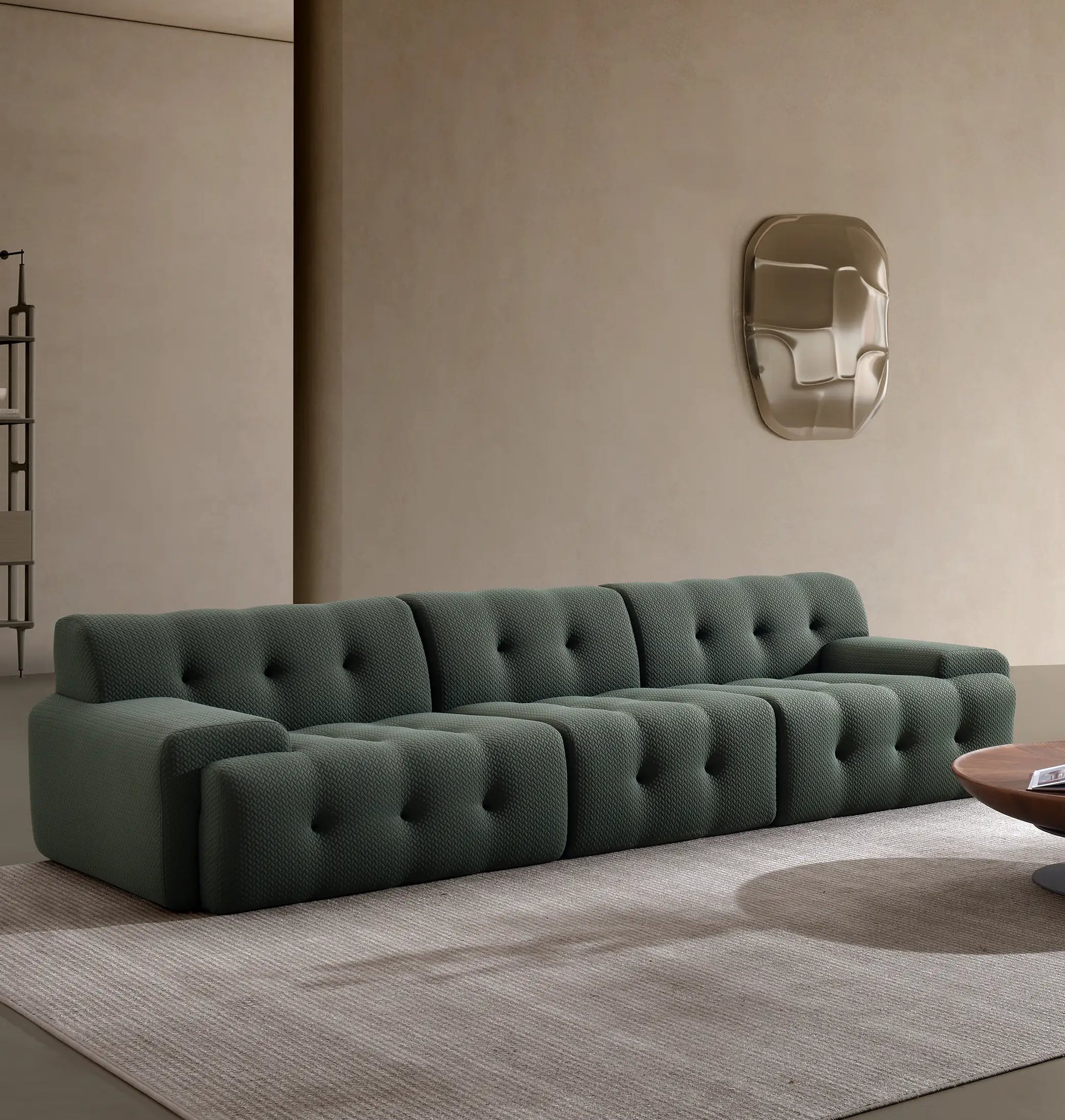 Sofá modular Orotava en tono verde con diseño moderno y cómodo para ambientes contemporáneos y sofisticados.