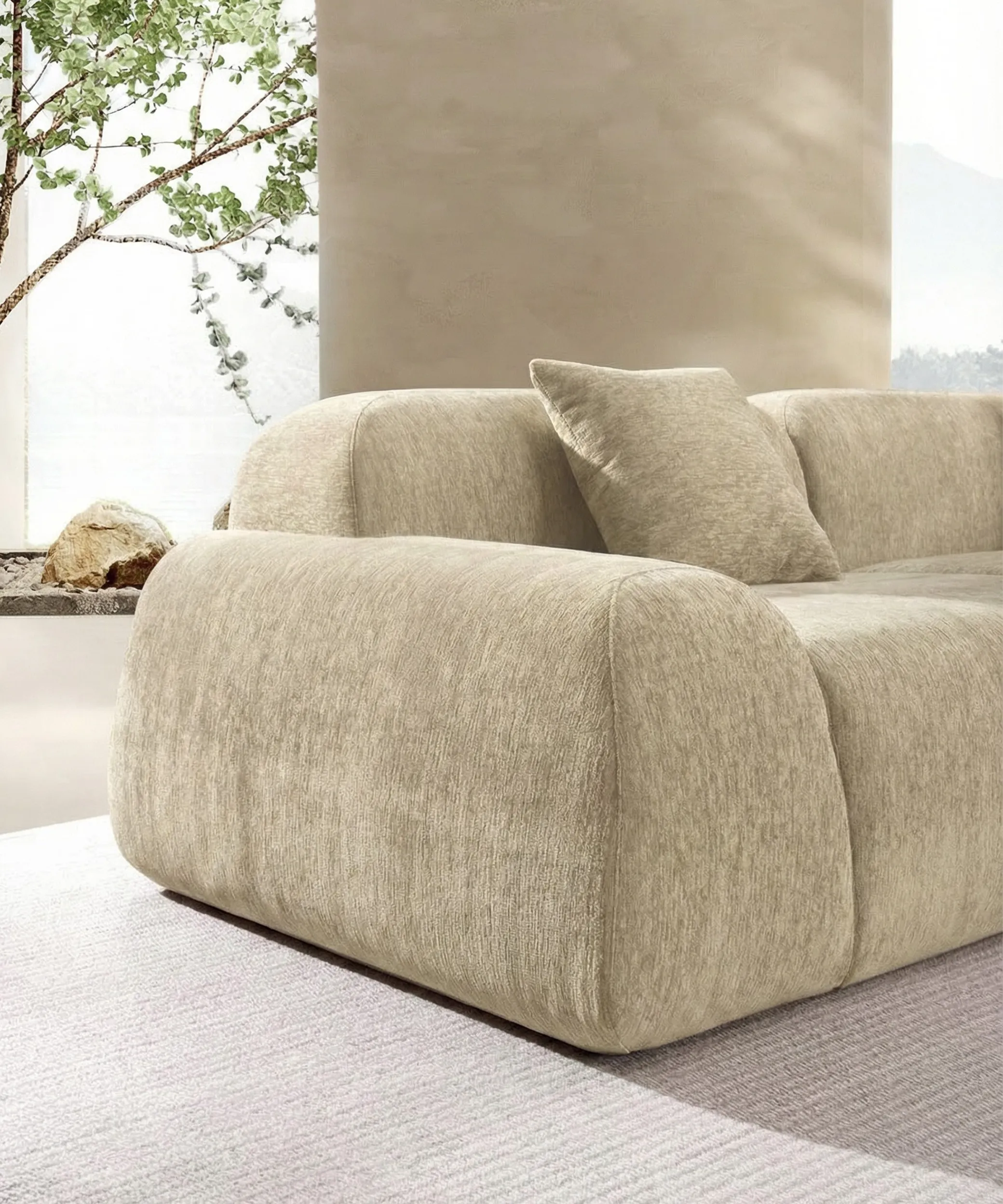 Sofá Tamadaba esquinero beige con diseño modular, ideal para aportar calma y confort a cualquier salón moderno.