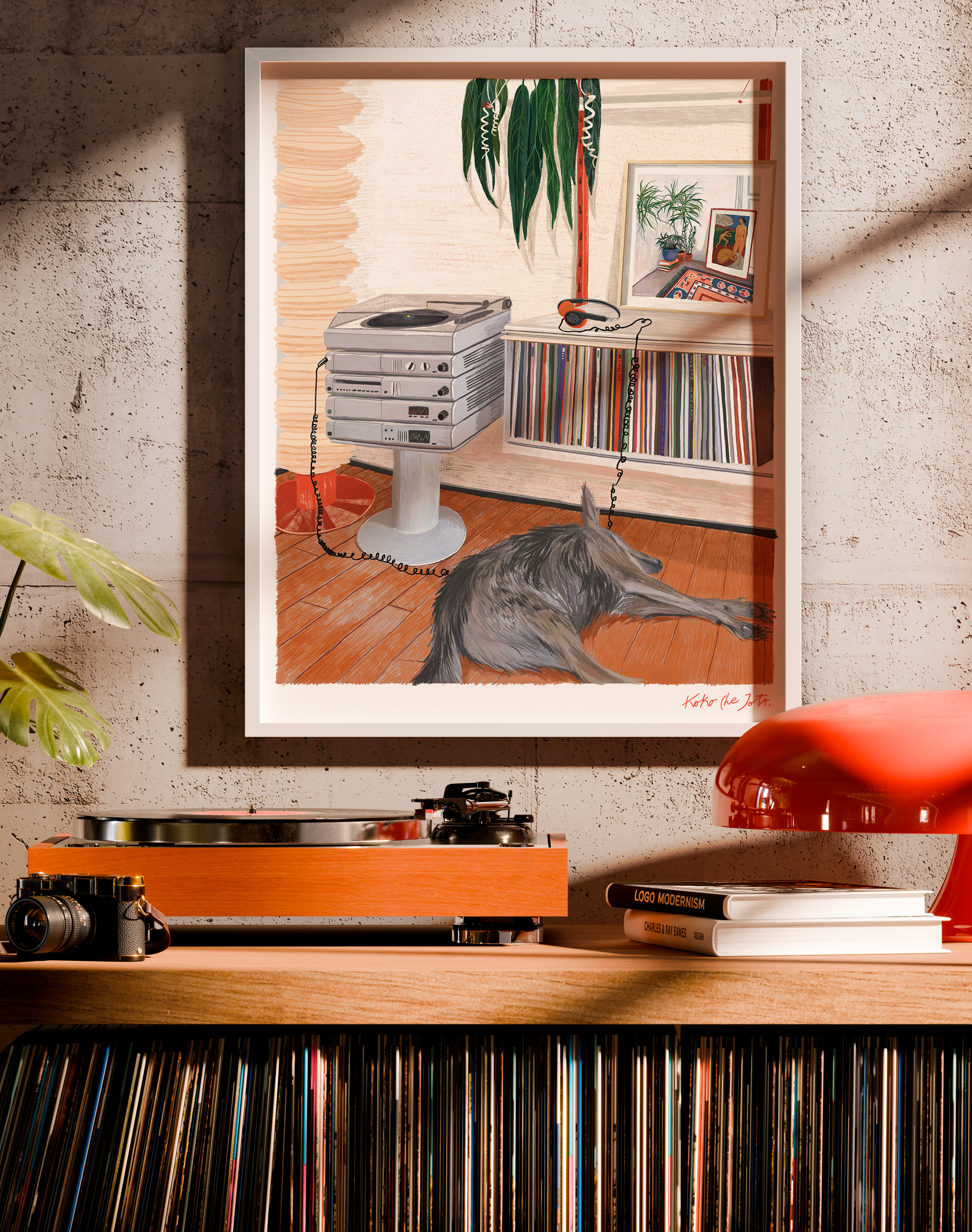 SIESTA" // FINE ART PRINT con ilustración de perro descansando cerca de estéreo y vinilos en ambiente cálido